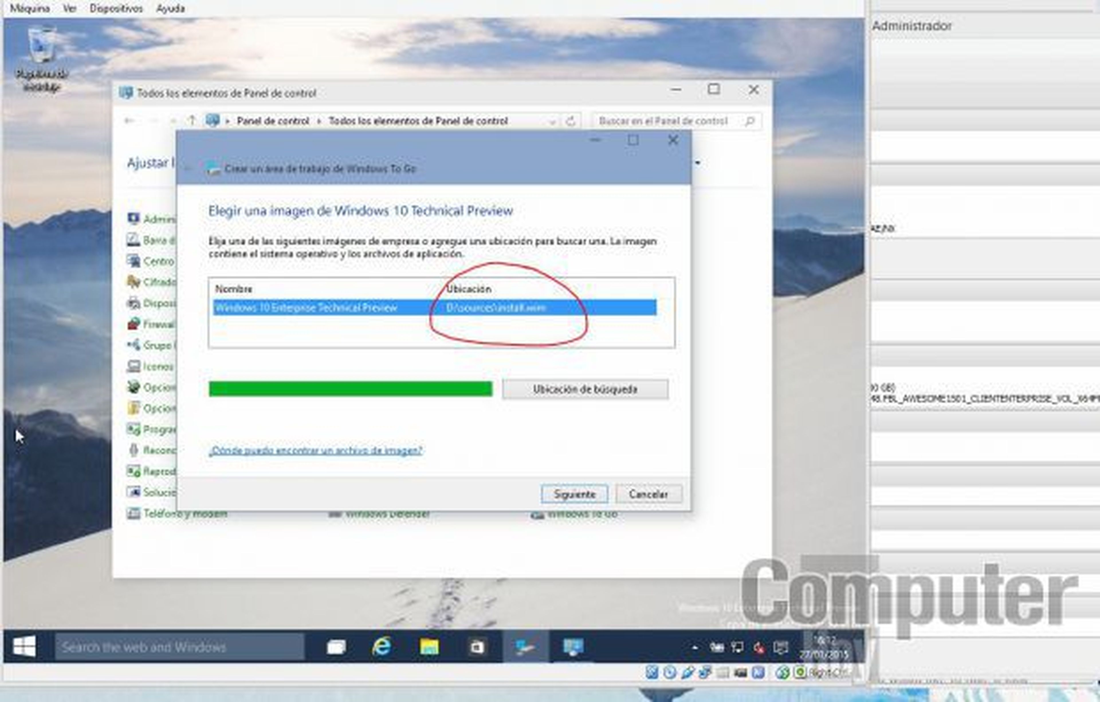 La ubicación del fichero install.wim será reconocida por el software si la imagen de Windows 10 sigue siendo la fuente para la unidad de DVD virtual