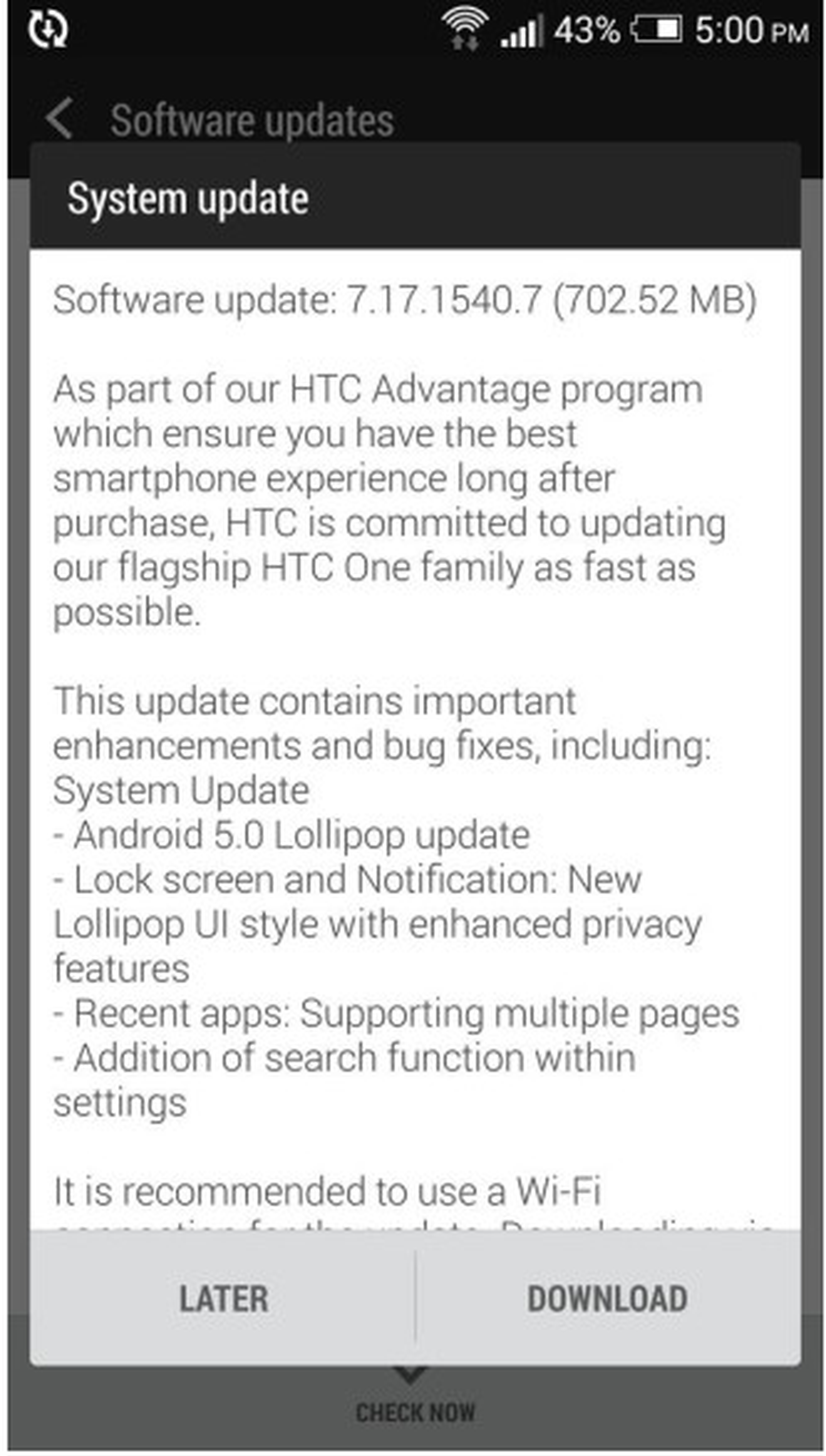 Captura de pantalla de actualización a Lollipop en HTC One M7