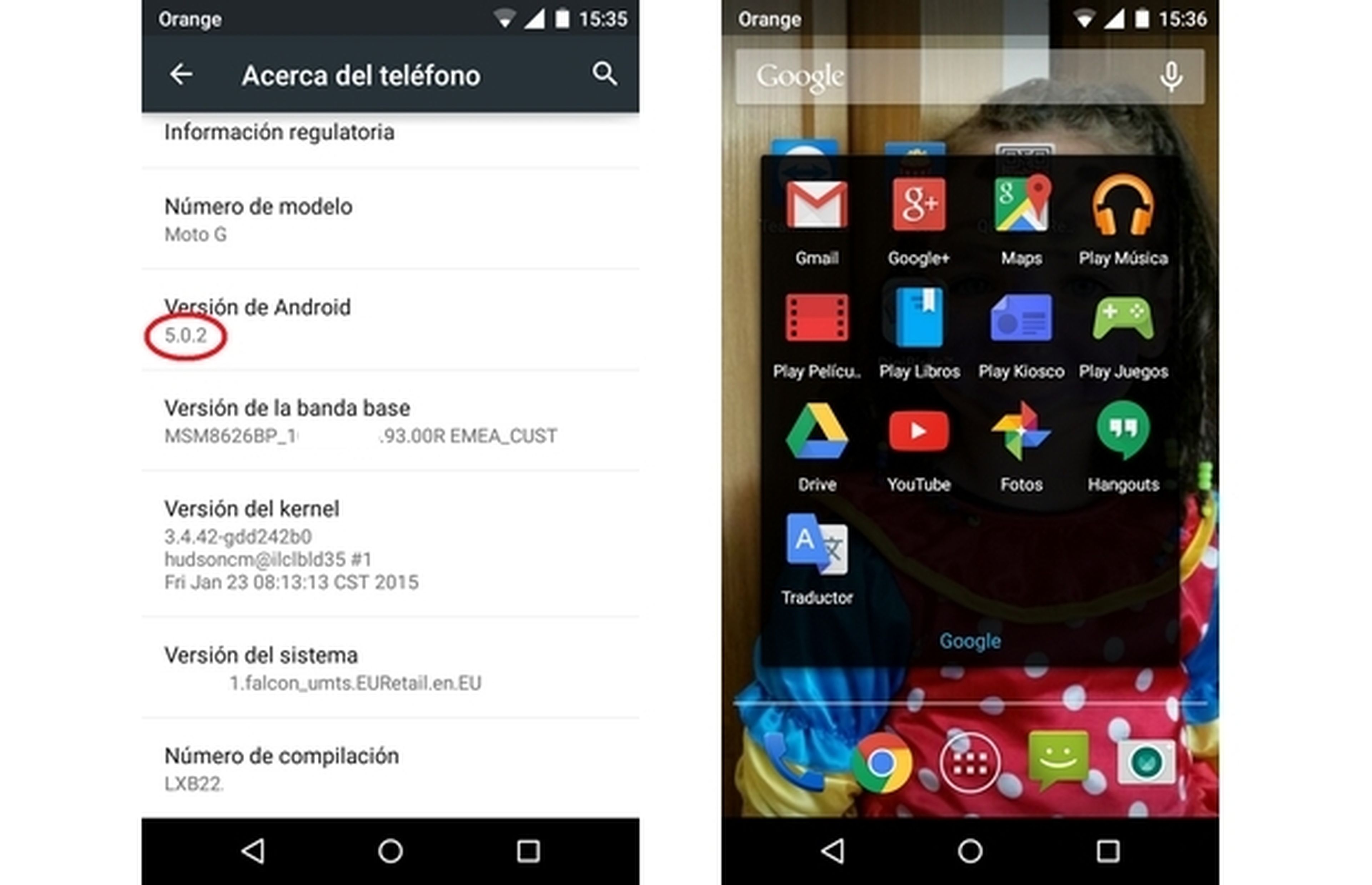 Moto G con Android 5.0.2 Lollipop