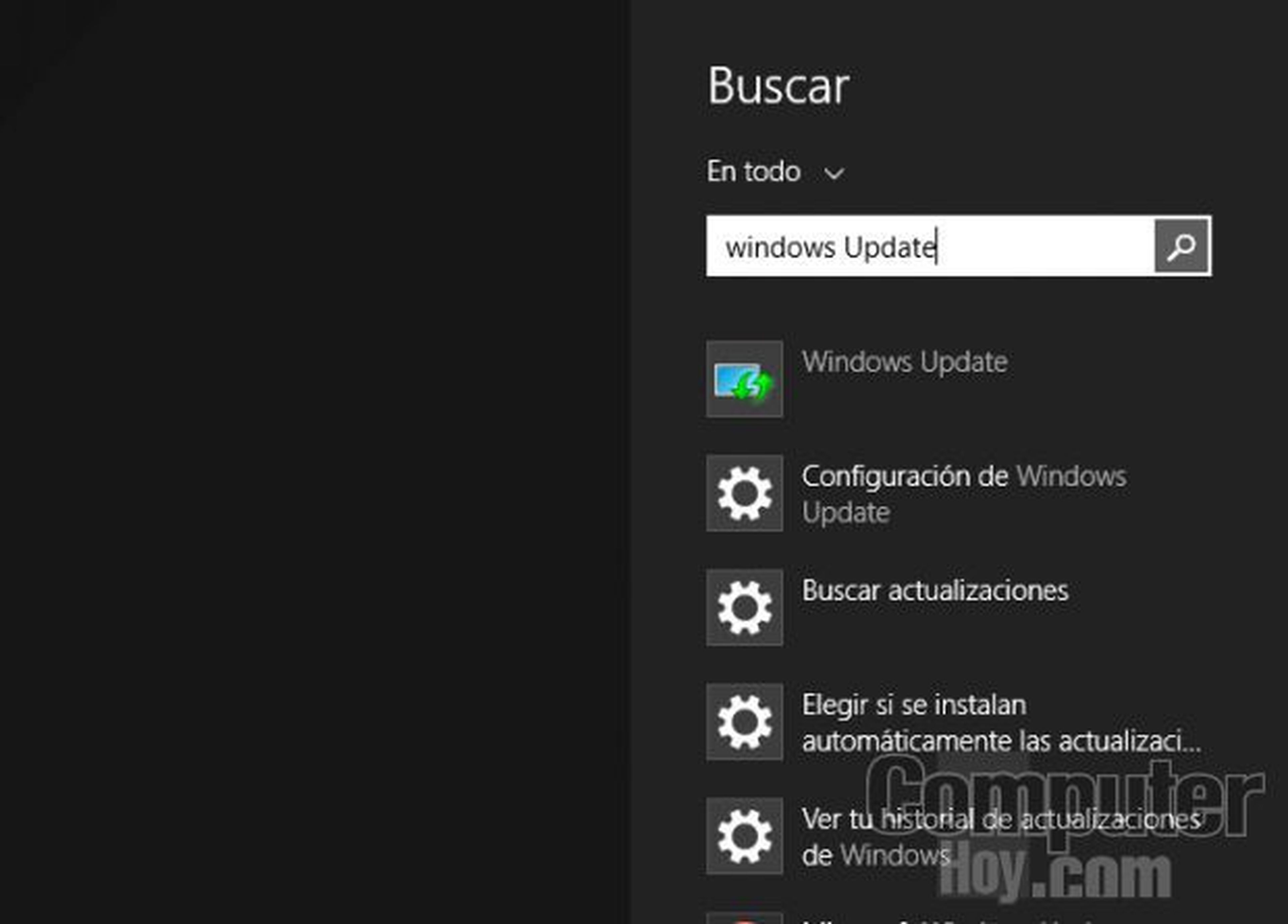 Escribe Windows Update en la pantalla de Inicio y se mostrará el acceso