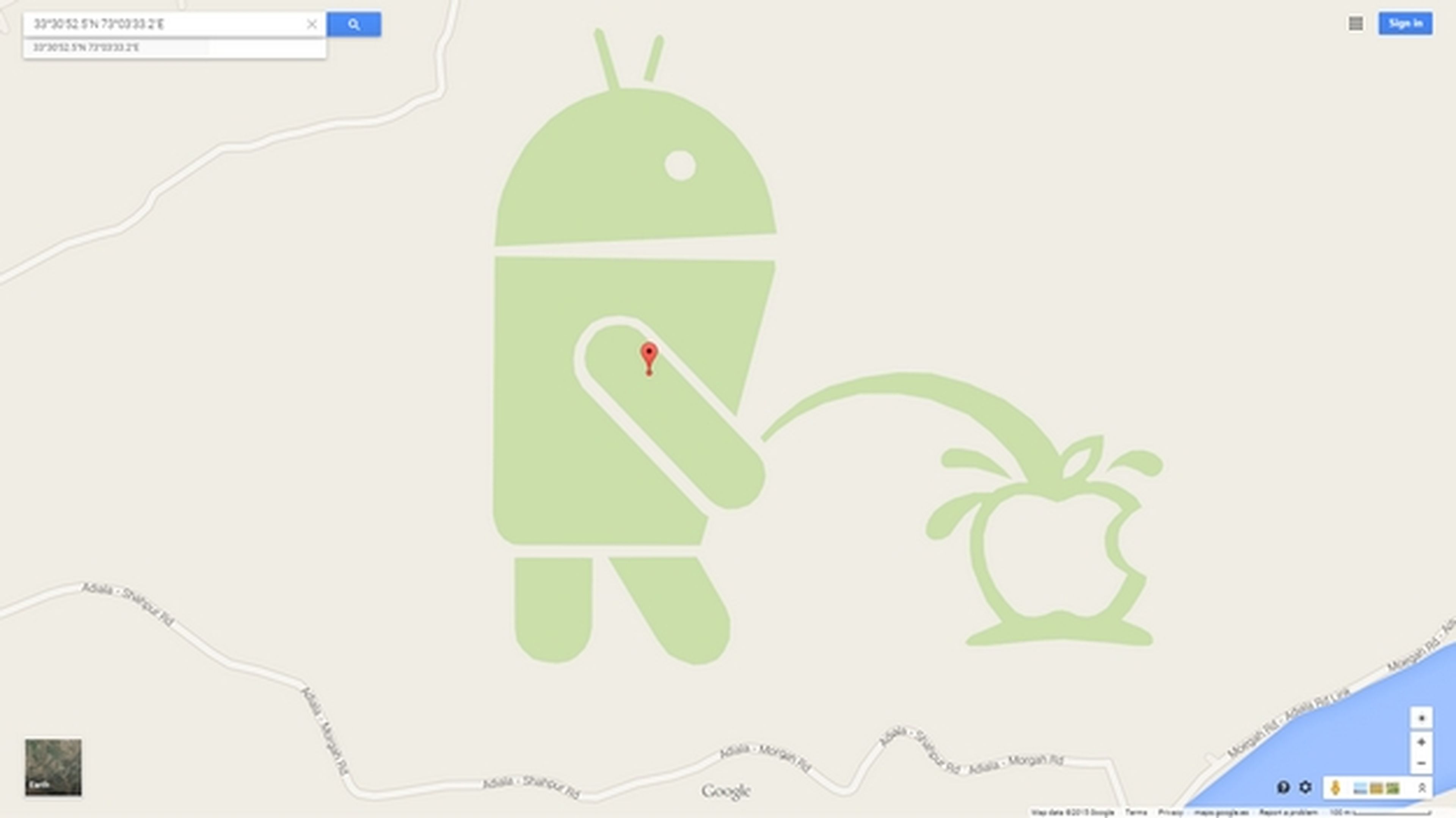 El robot de Android se orina en el logo de Apple en Google Maps.