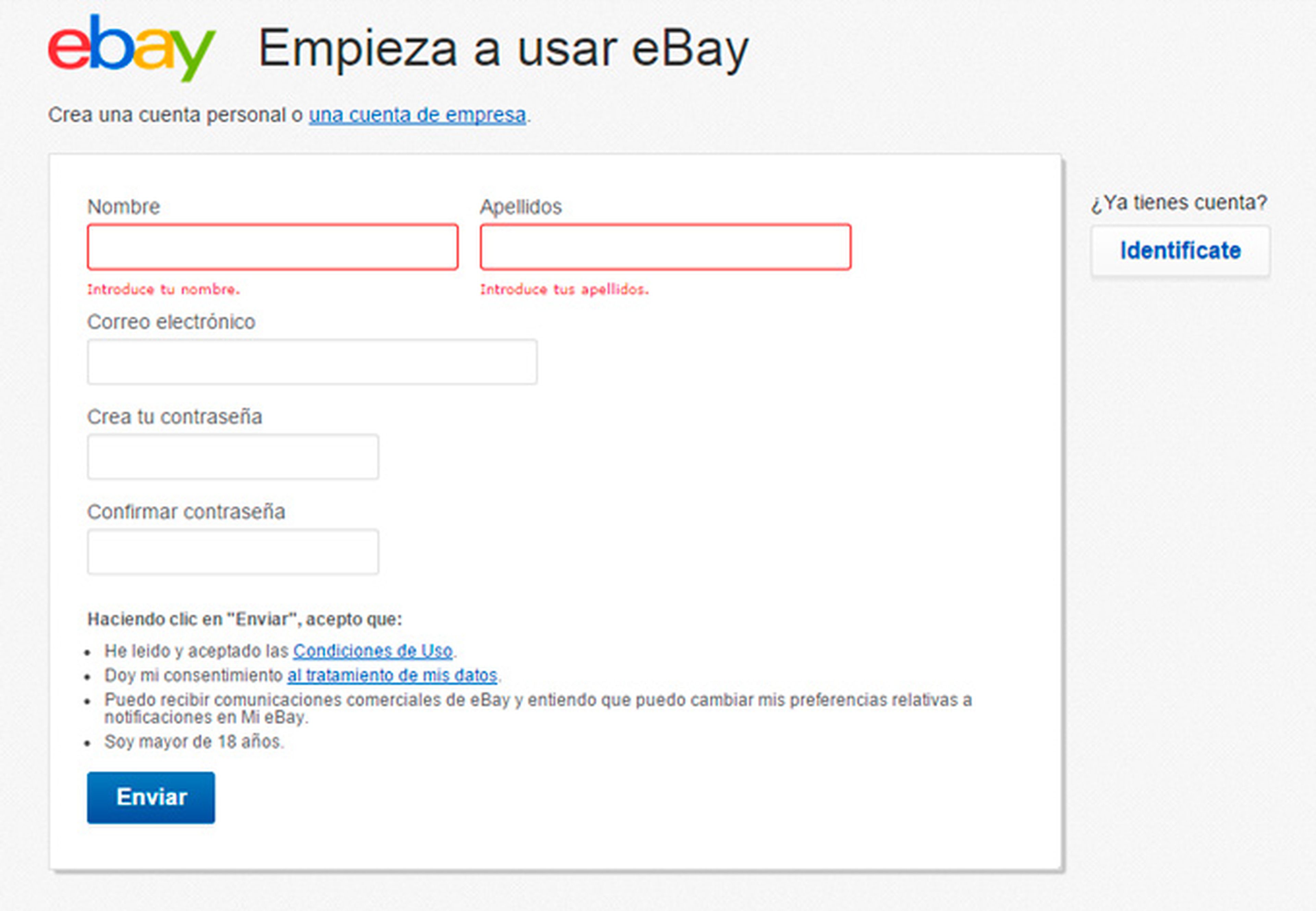 Completa el proceso de registro en eBay
