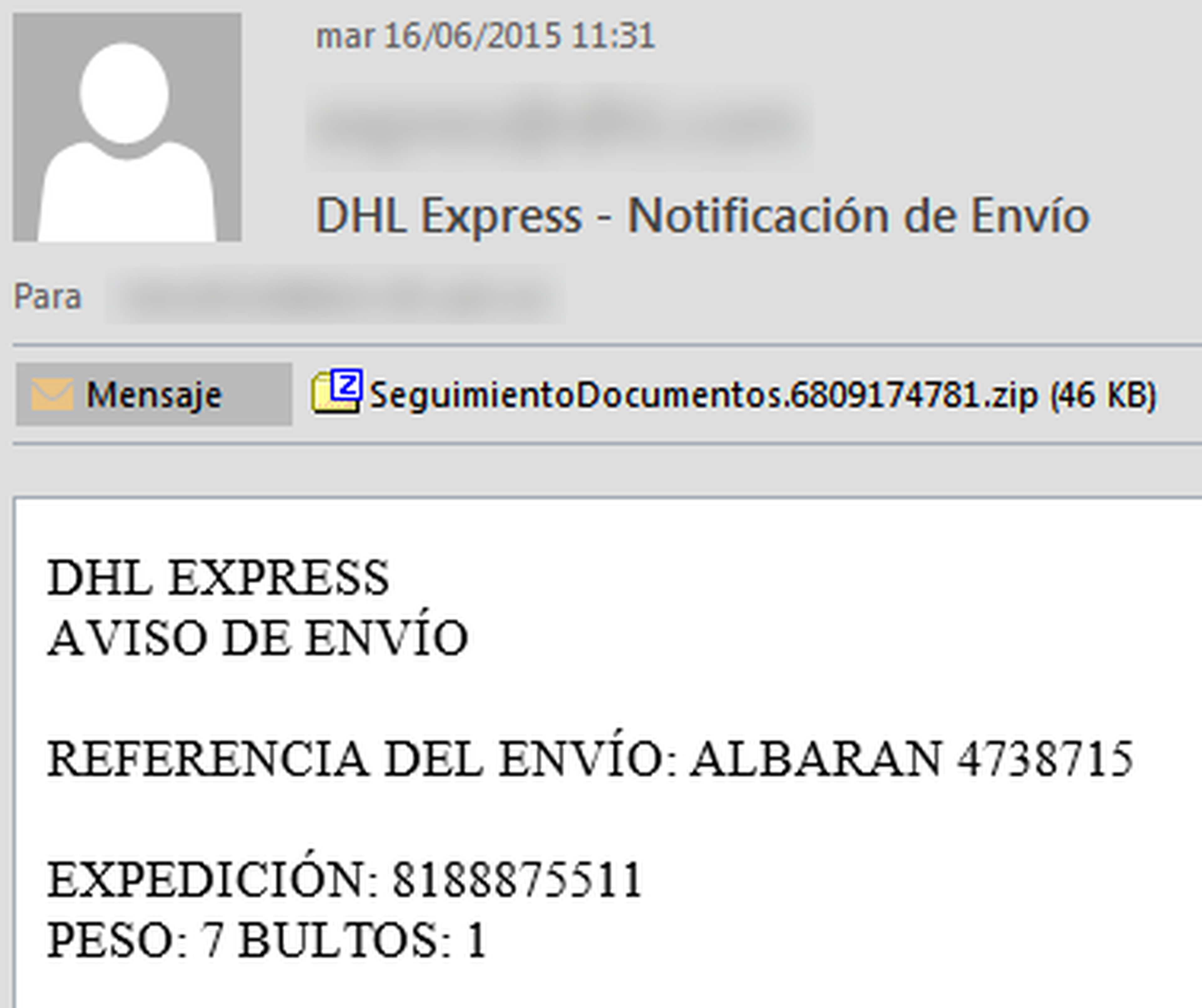 Correo falso de DHL Express que contiene malware