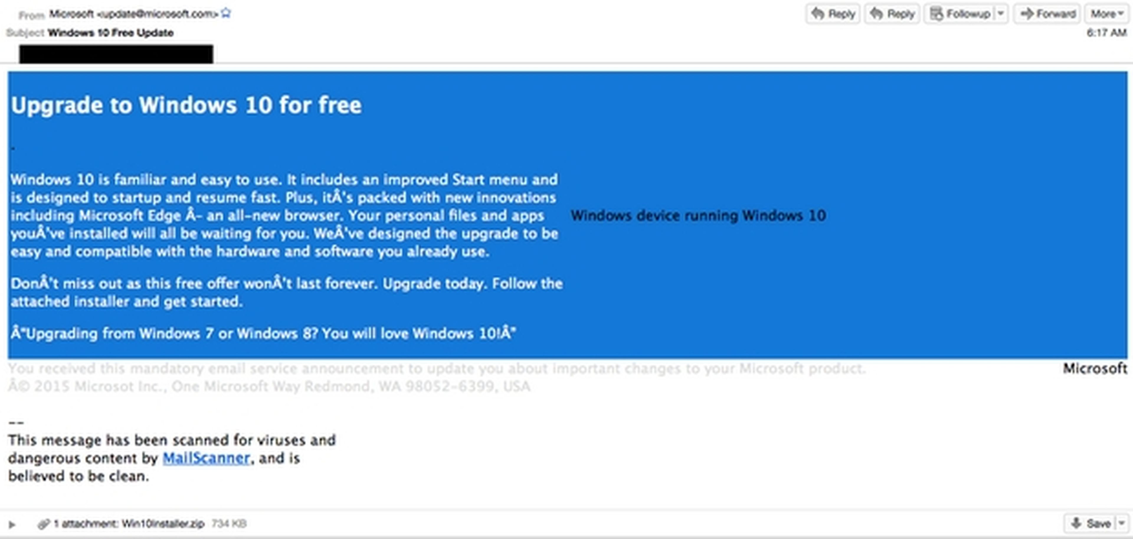 Emails falsos de Windows 10 infectan con ransomware CTB-Locker