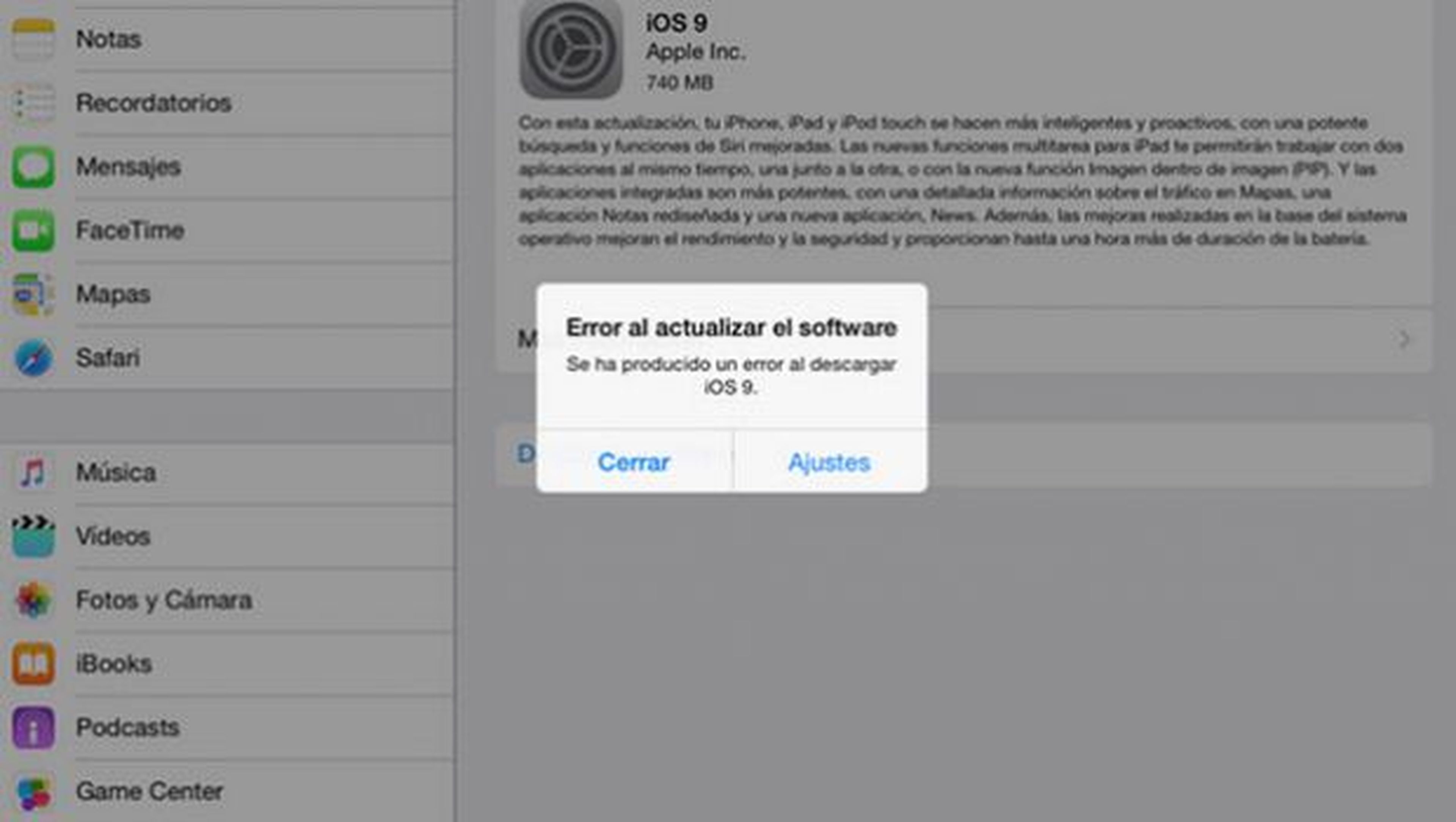 Error en iOS 9: no se puede actualizar el software