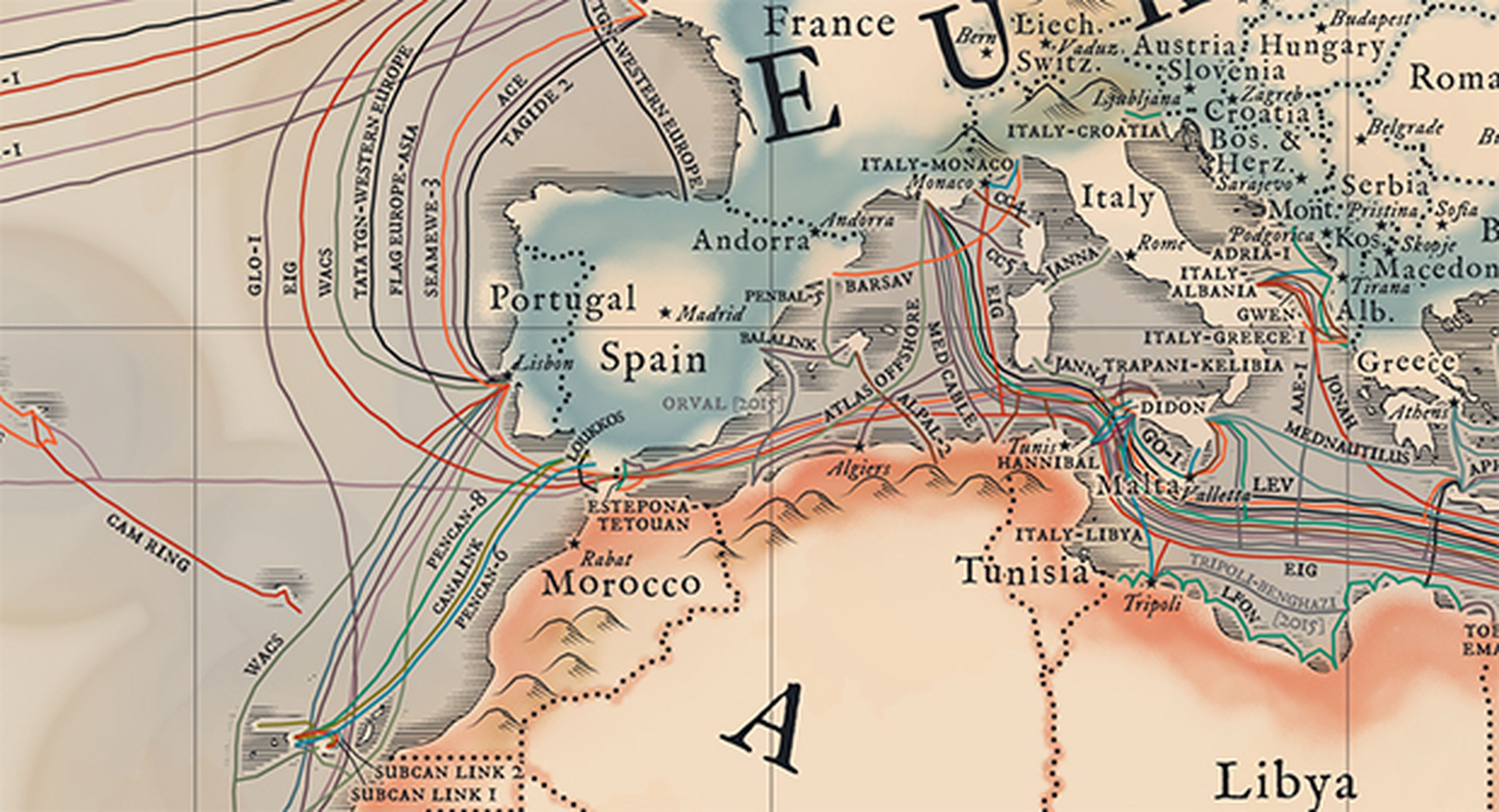 El mapa vintage de los cables submarinos que conectan Internet