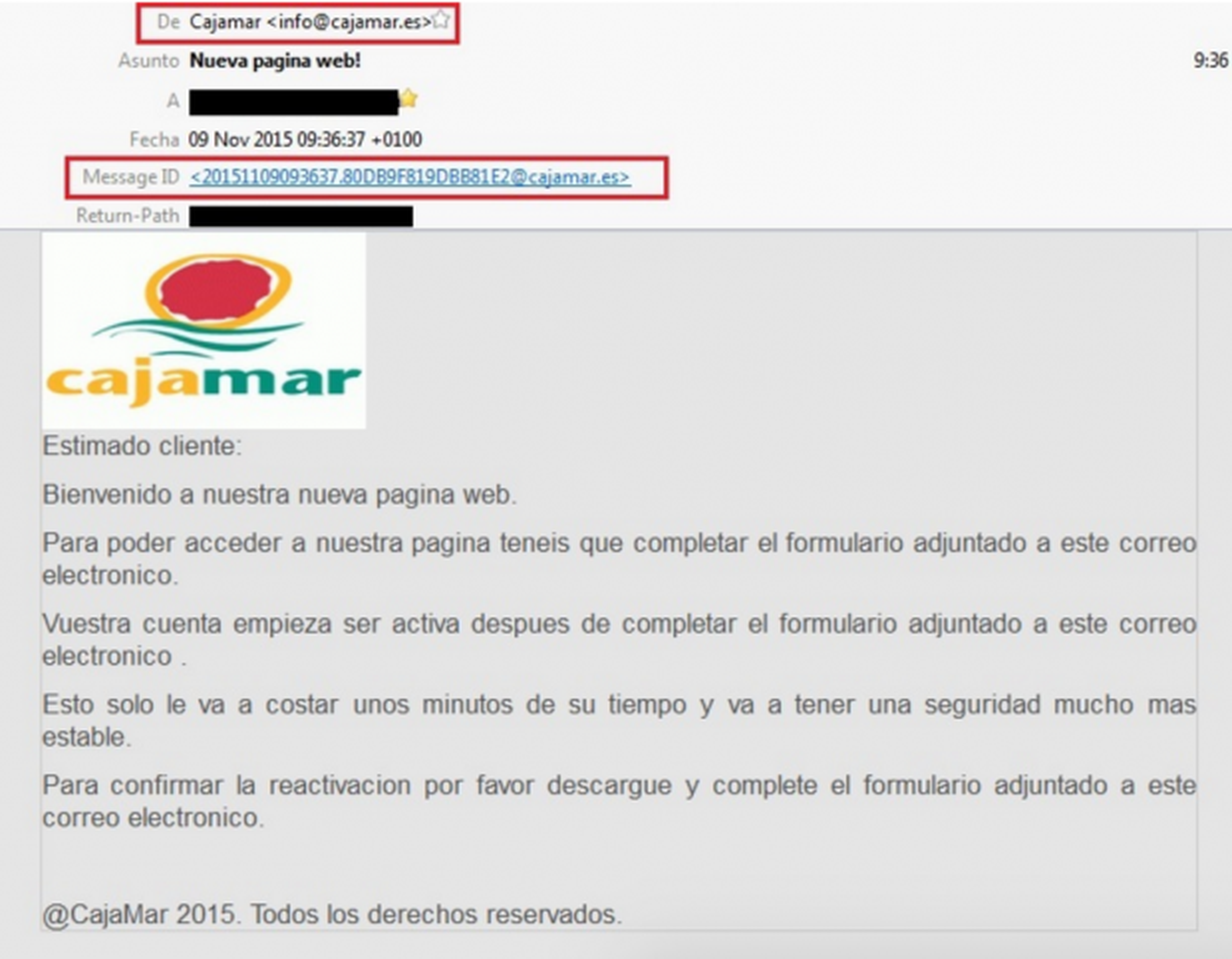 Alertan de ataque phishing en un correo falso de Cajamar