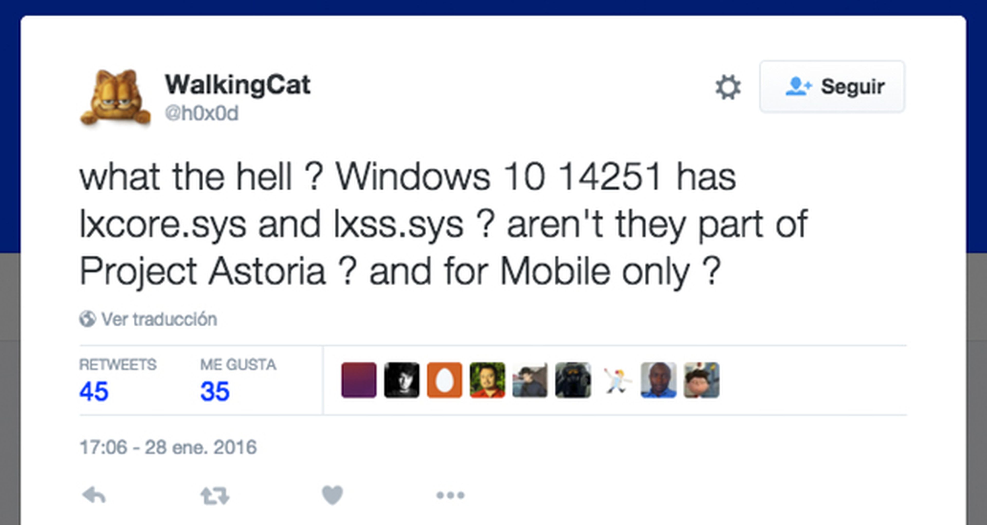 Tweet de WalkingCat sobre archivos de Linux en Windows 10