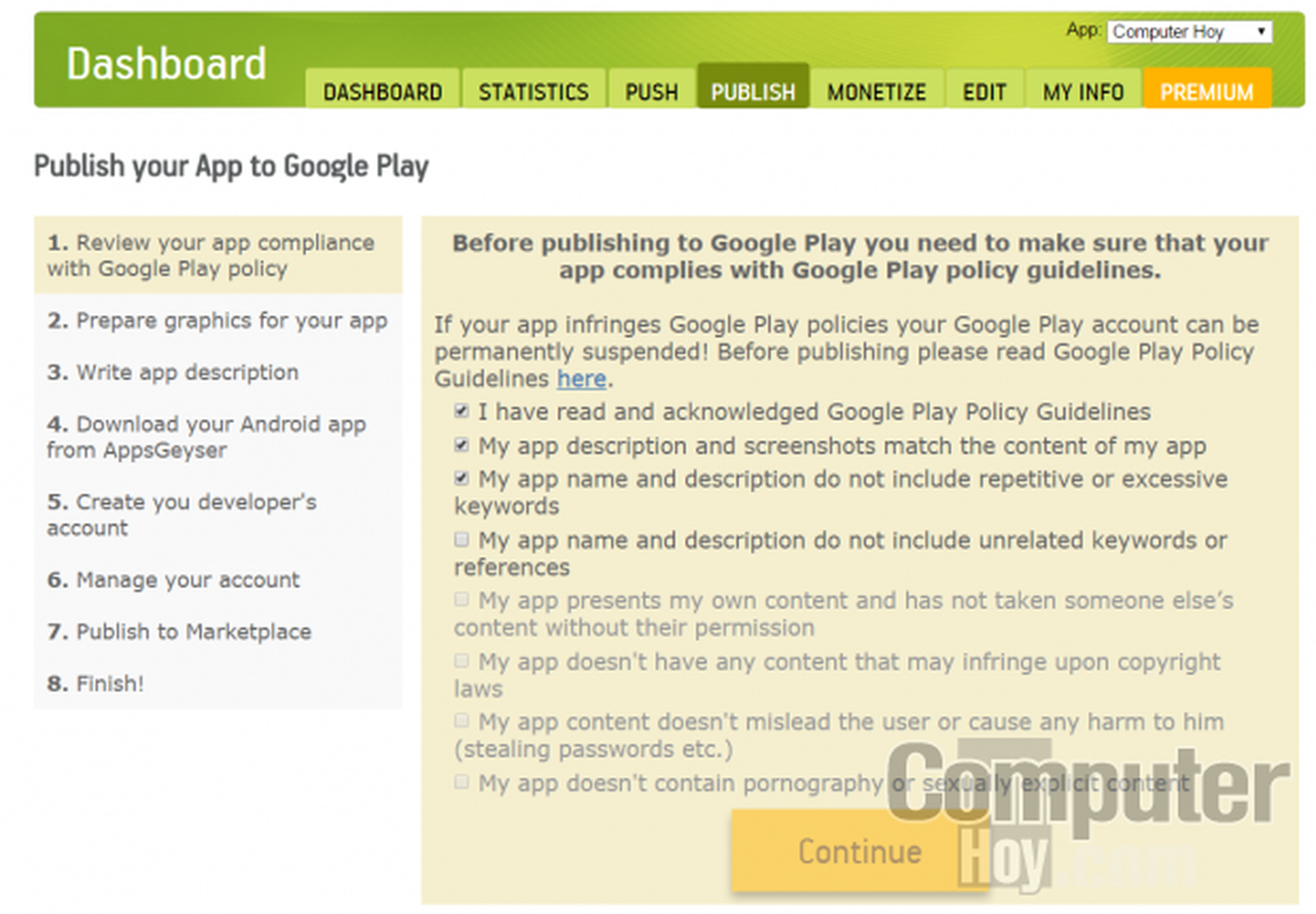 Para publicar tu app en Google Play o cualquier otro Market para Android, tan sólo necesitarás seguir los pasos marcados por el asistente de AppsGeyser.