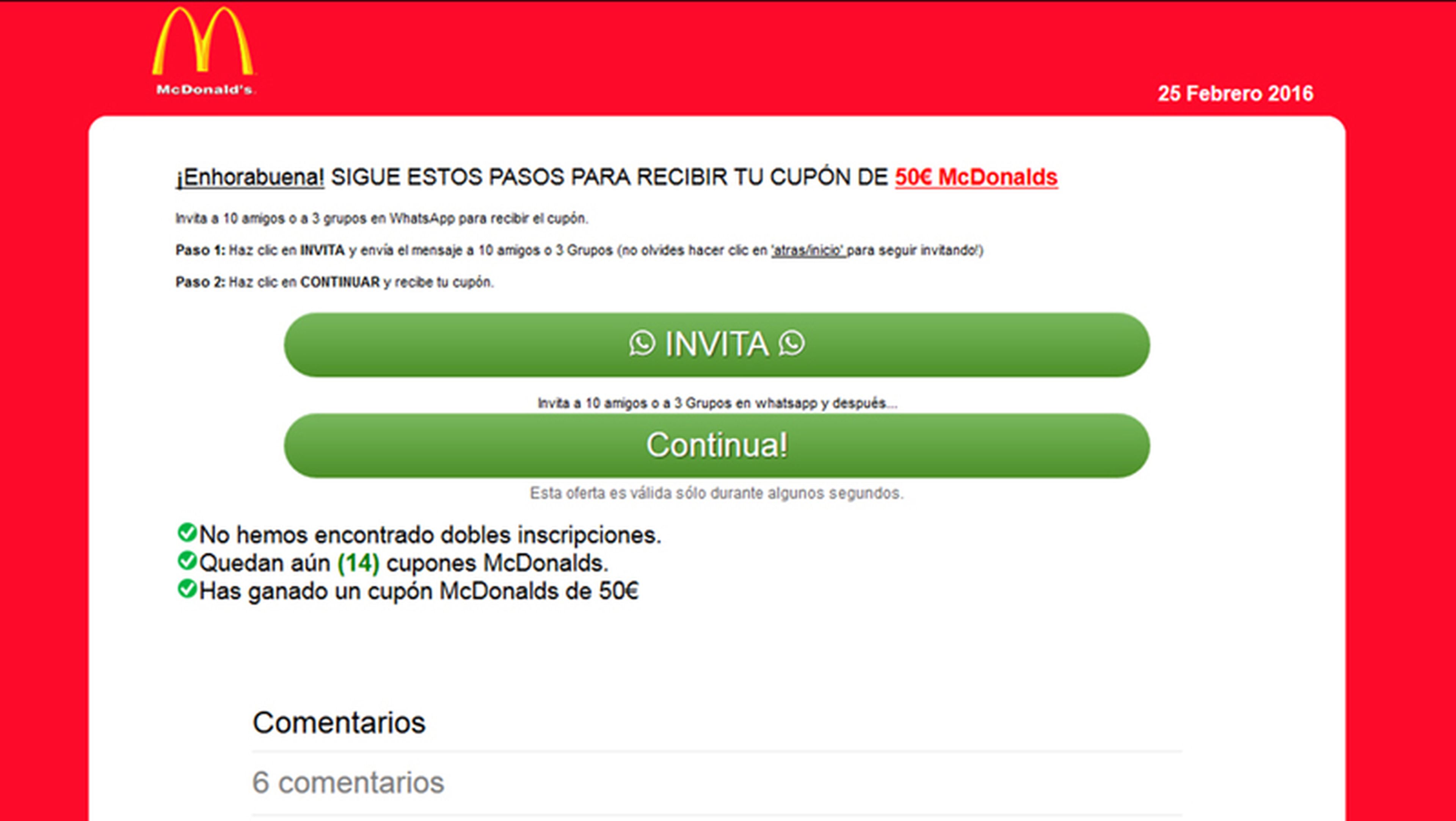 Nueva estafa en WhatsApp con cupones descuento de McDonalds