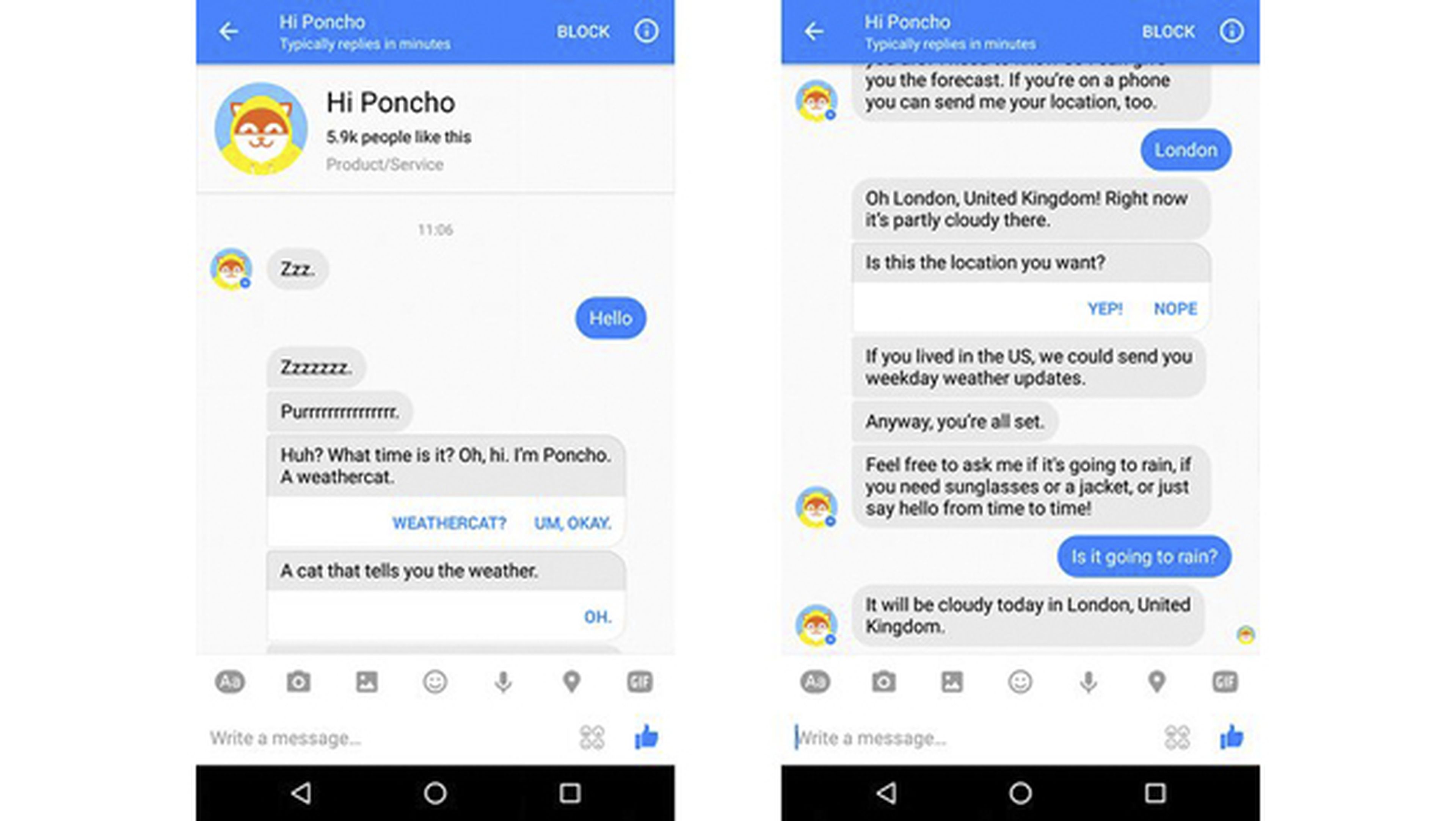 Capturas de Poncho, chatbot de Facebook