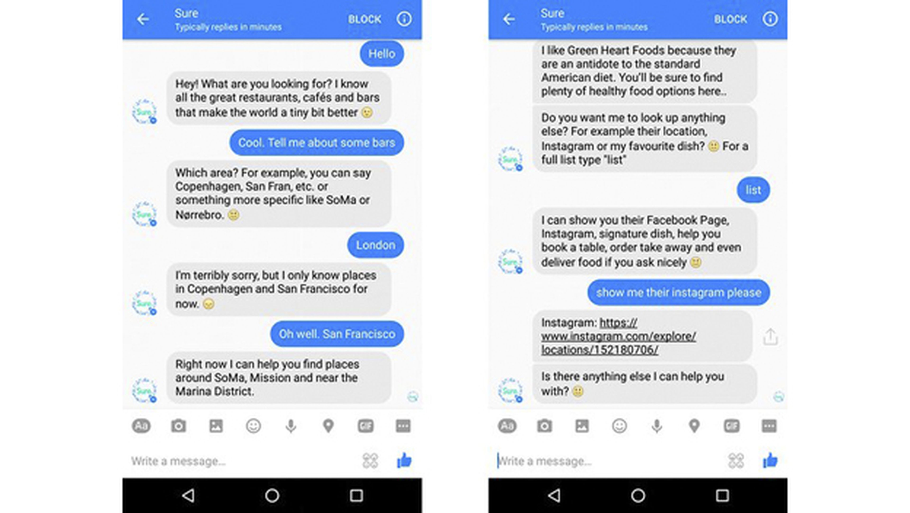 Capturas de Sure, chatbot de Facebook.