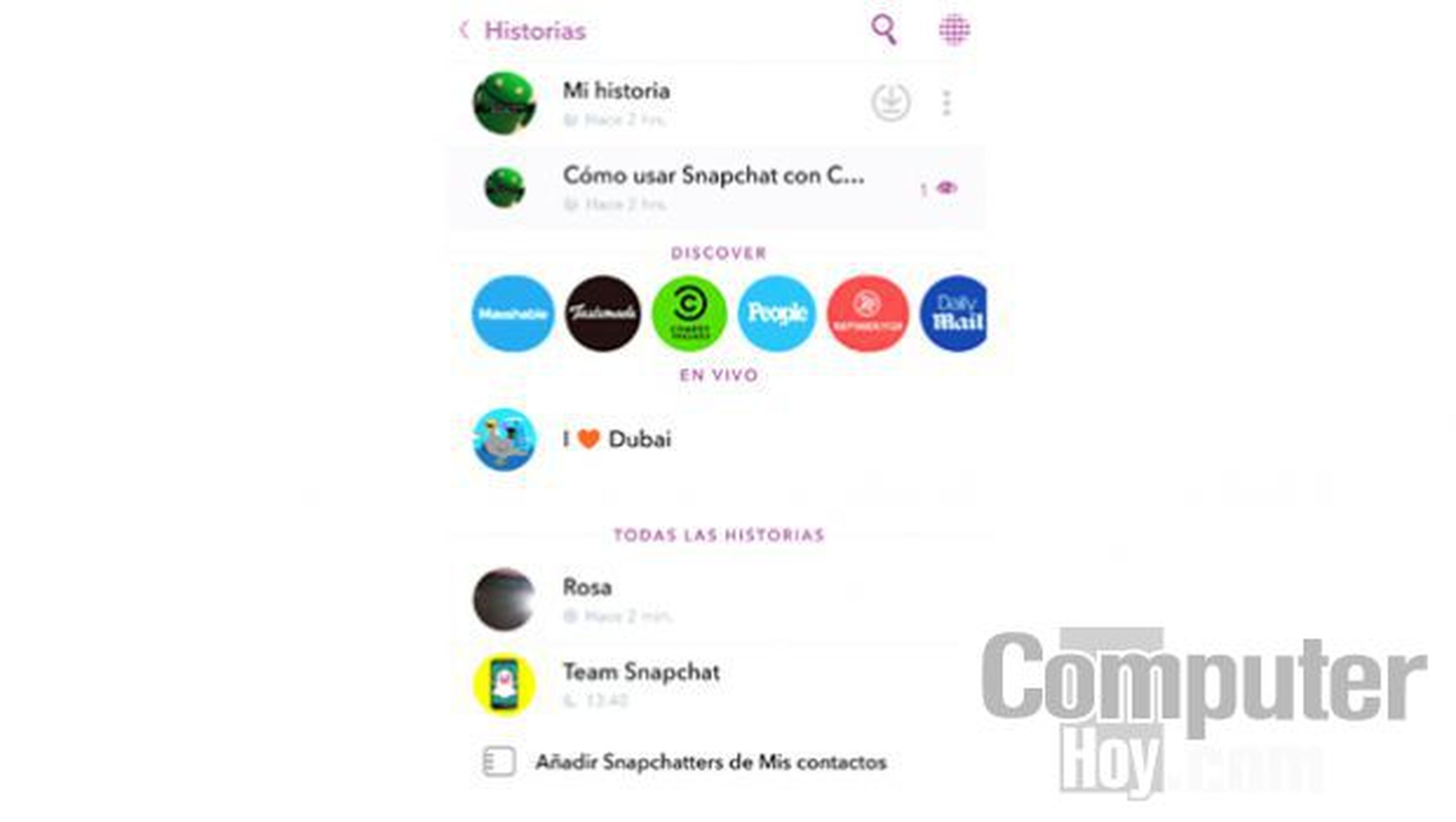 En esta pantalla verás las historias recientes de tus amigos, tus propias historias o acceder a las de los canales de empresas que están presentes en Snapchat.