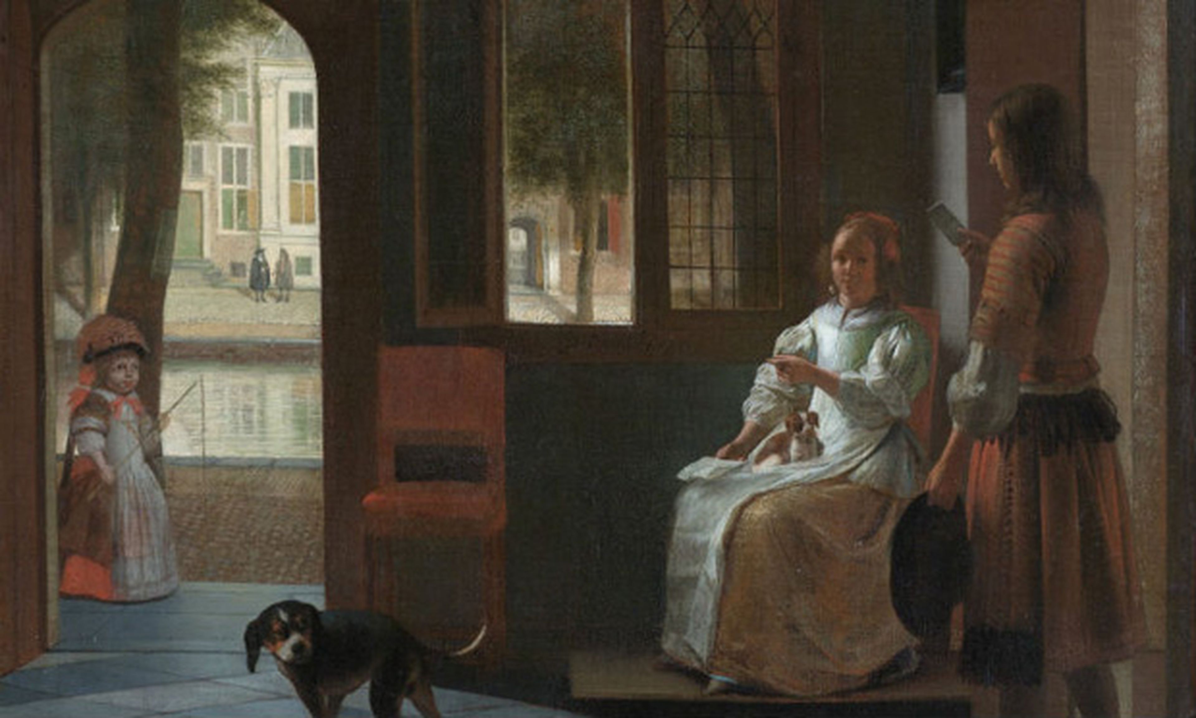 Un hombre entregando una carta a una mujer en un recibidor. Pieter de Hooch.
