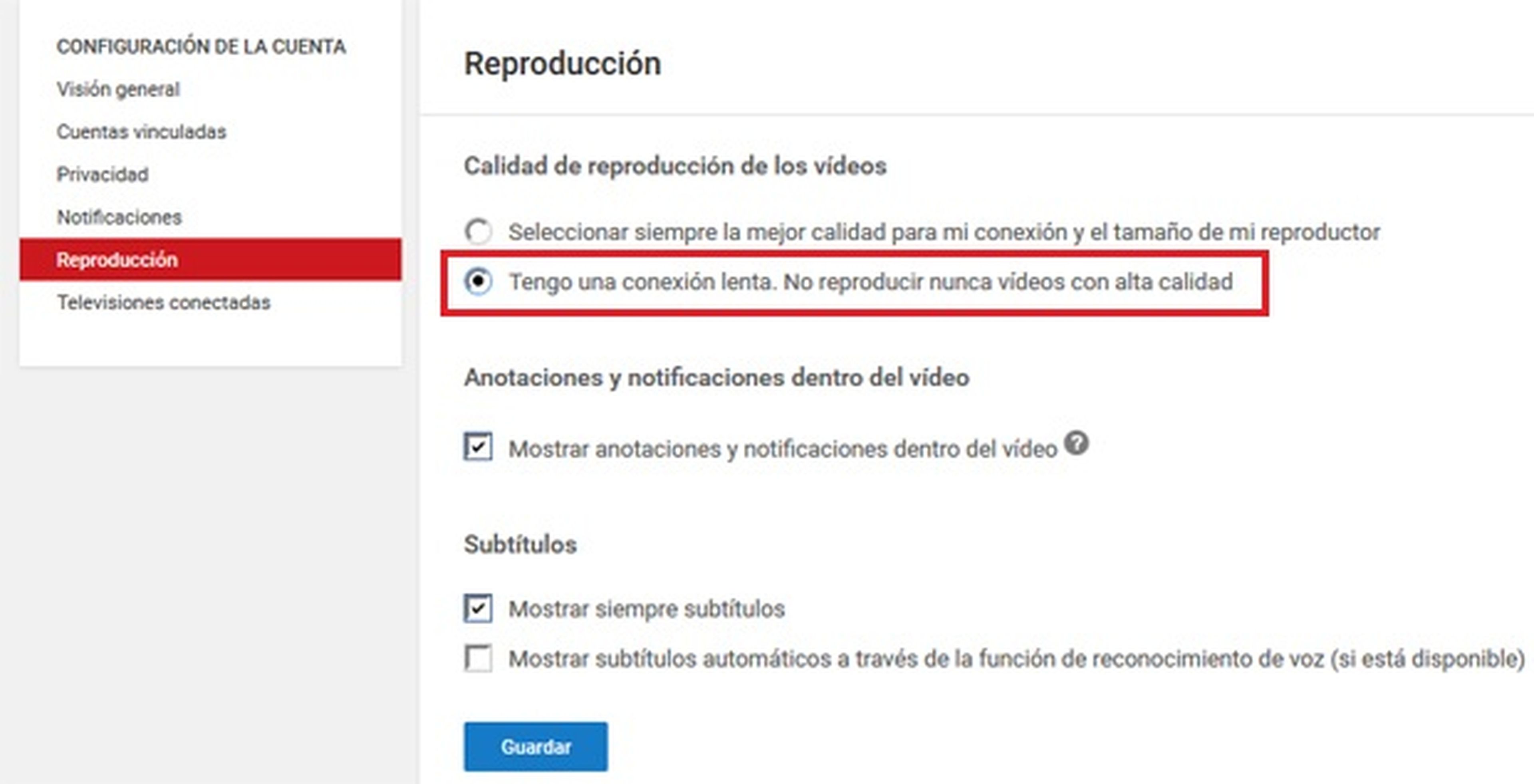 Configuración calidad automática Youtube