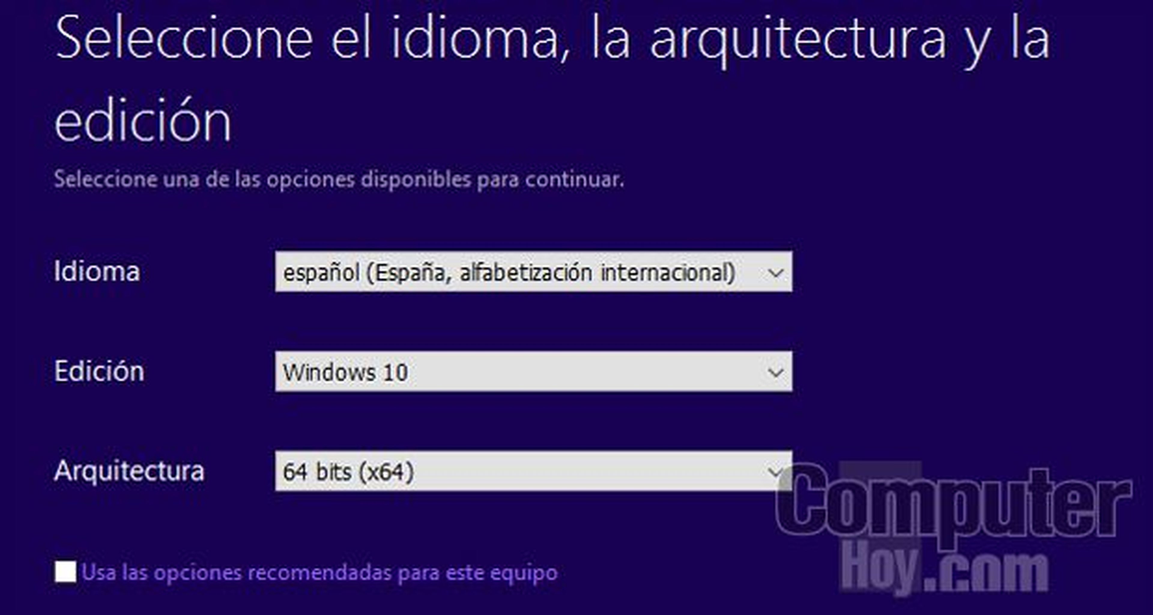 Opciones de idioma, versión y arquitectura de Windows 10