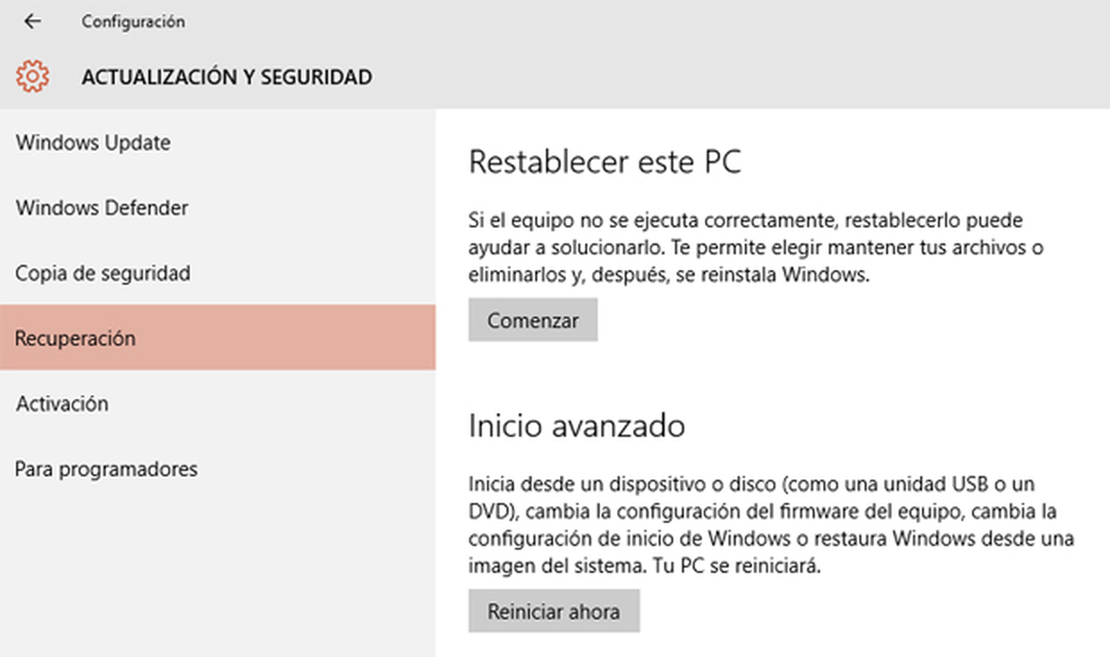 Opciones para restablecer Windows 10