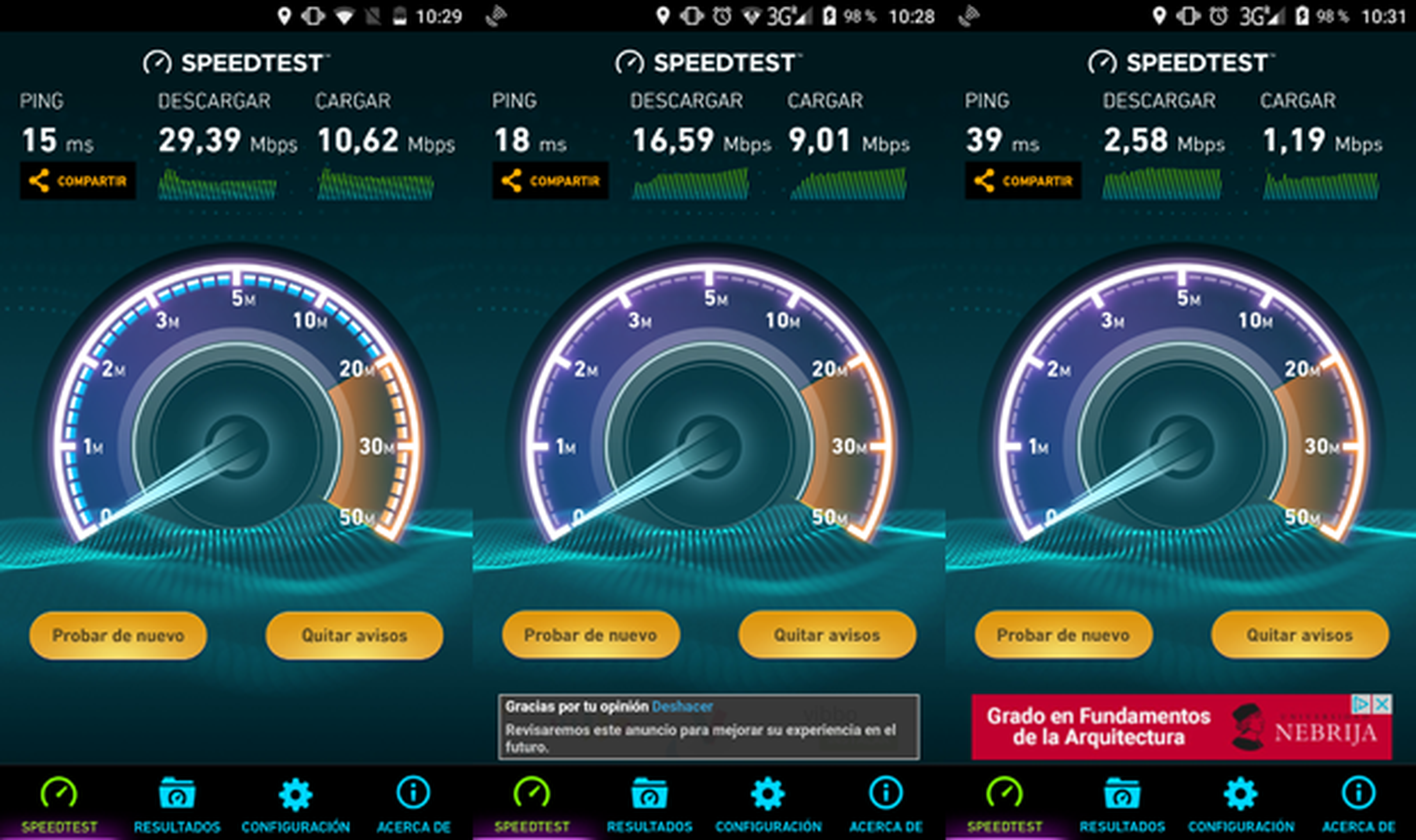Izquierda: test de velocidad WiFi con otro terminal. Centro: test de velocidad WiFi con Bluboo Maya. Derecha: test de velocidad 3G con Bluboo Maya