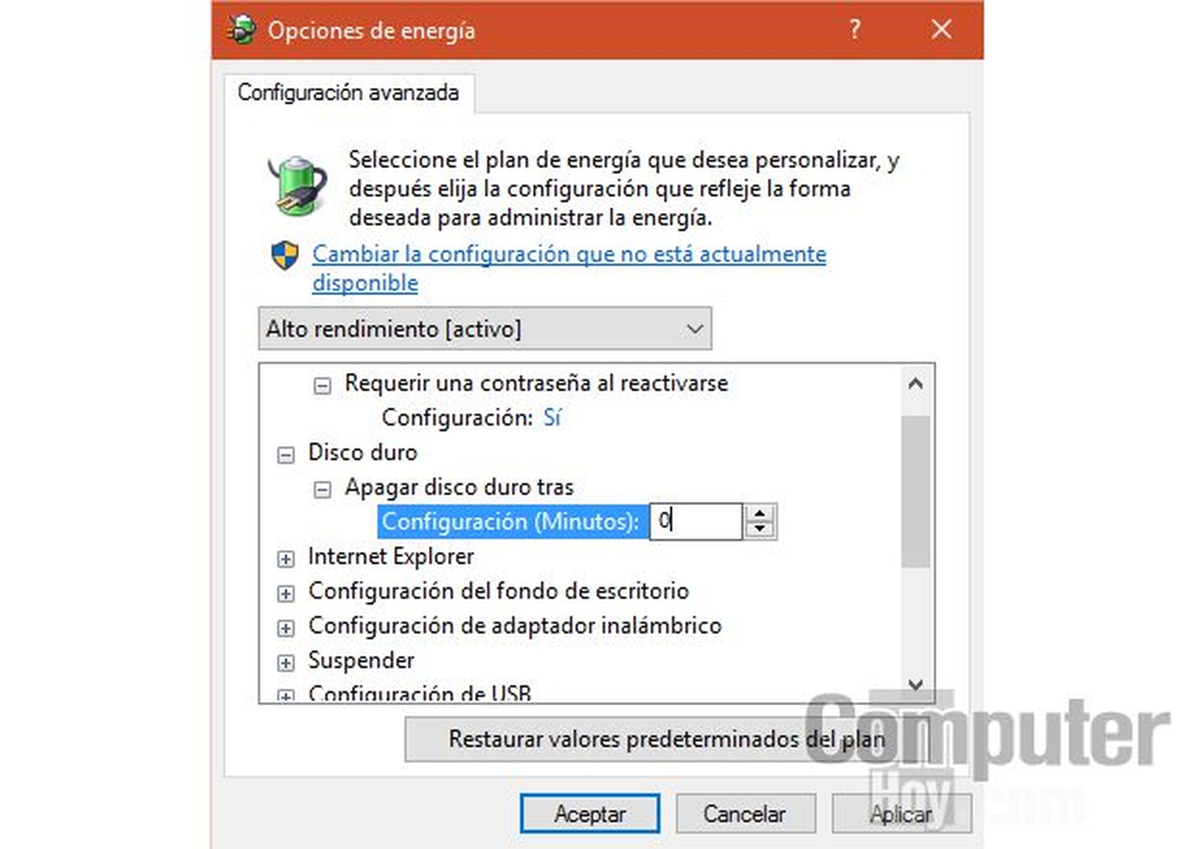 Opciones de energia SSD Windows 10