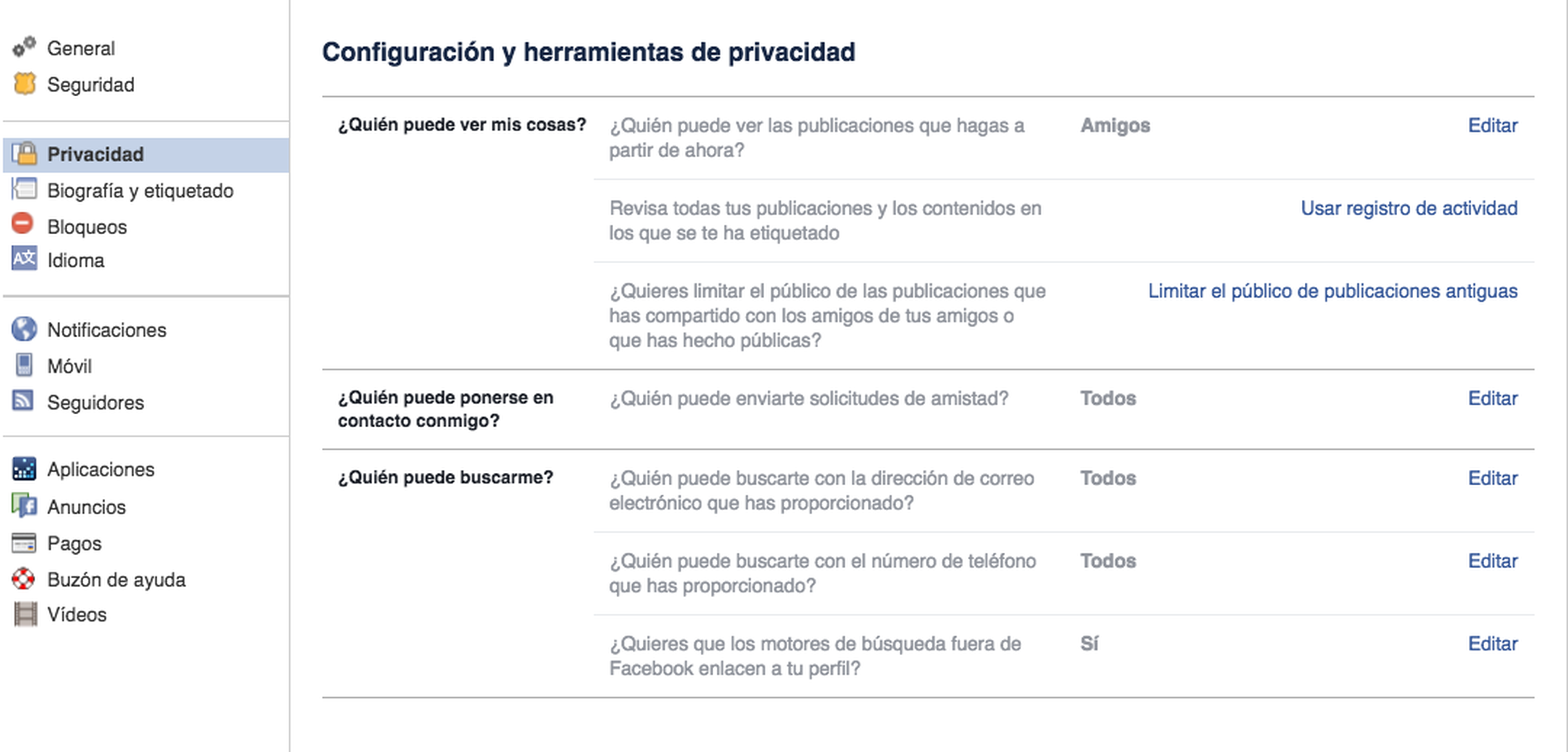 Configuración de Facebook