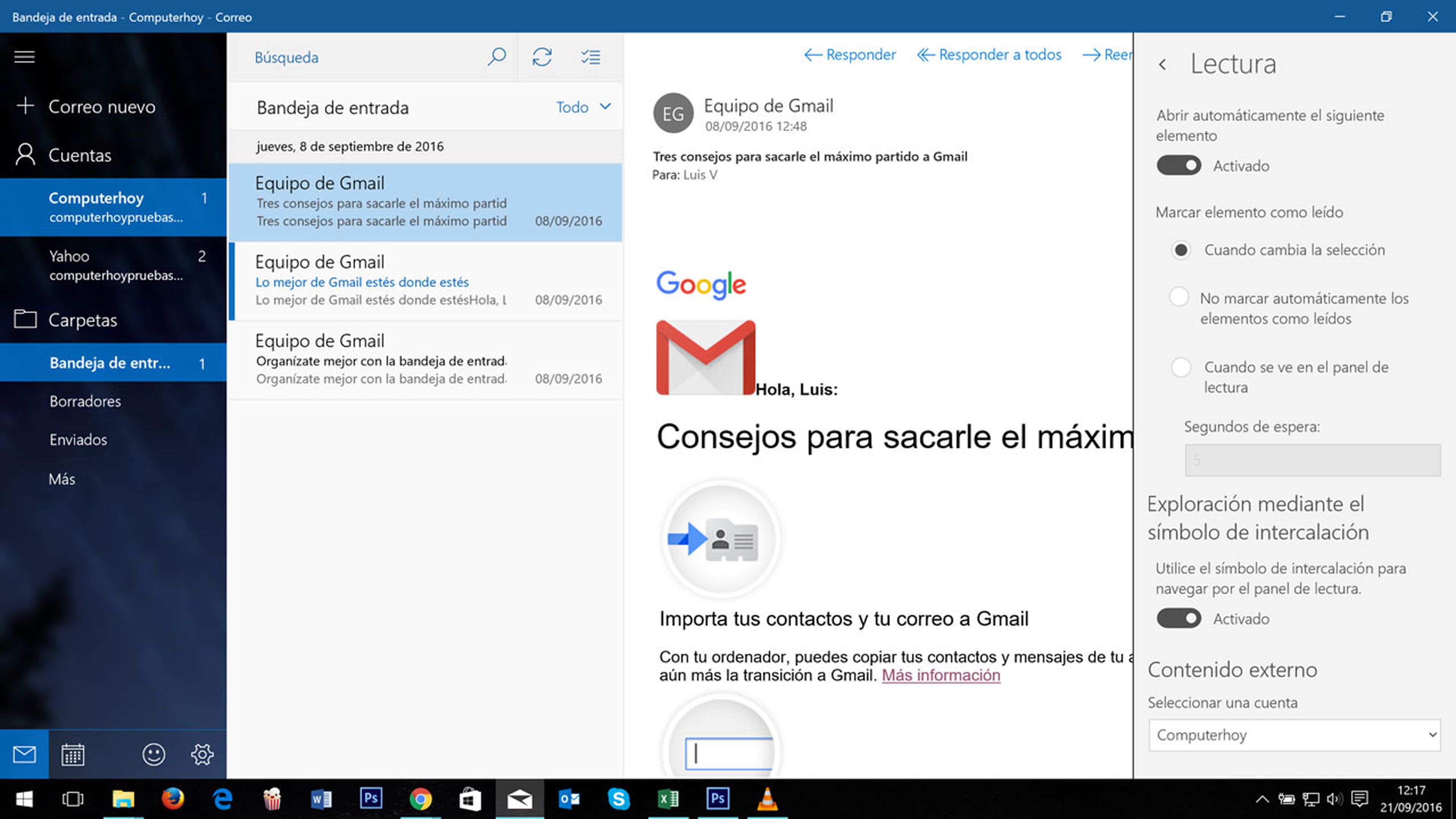 Configuración de lectura en la aplicación de correo de windows 10