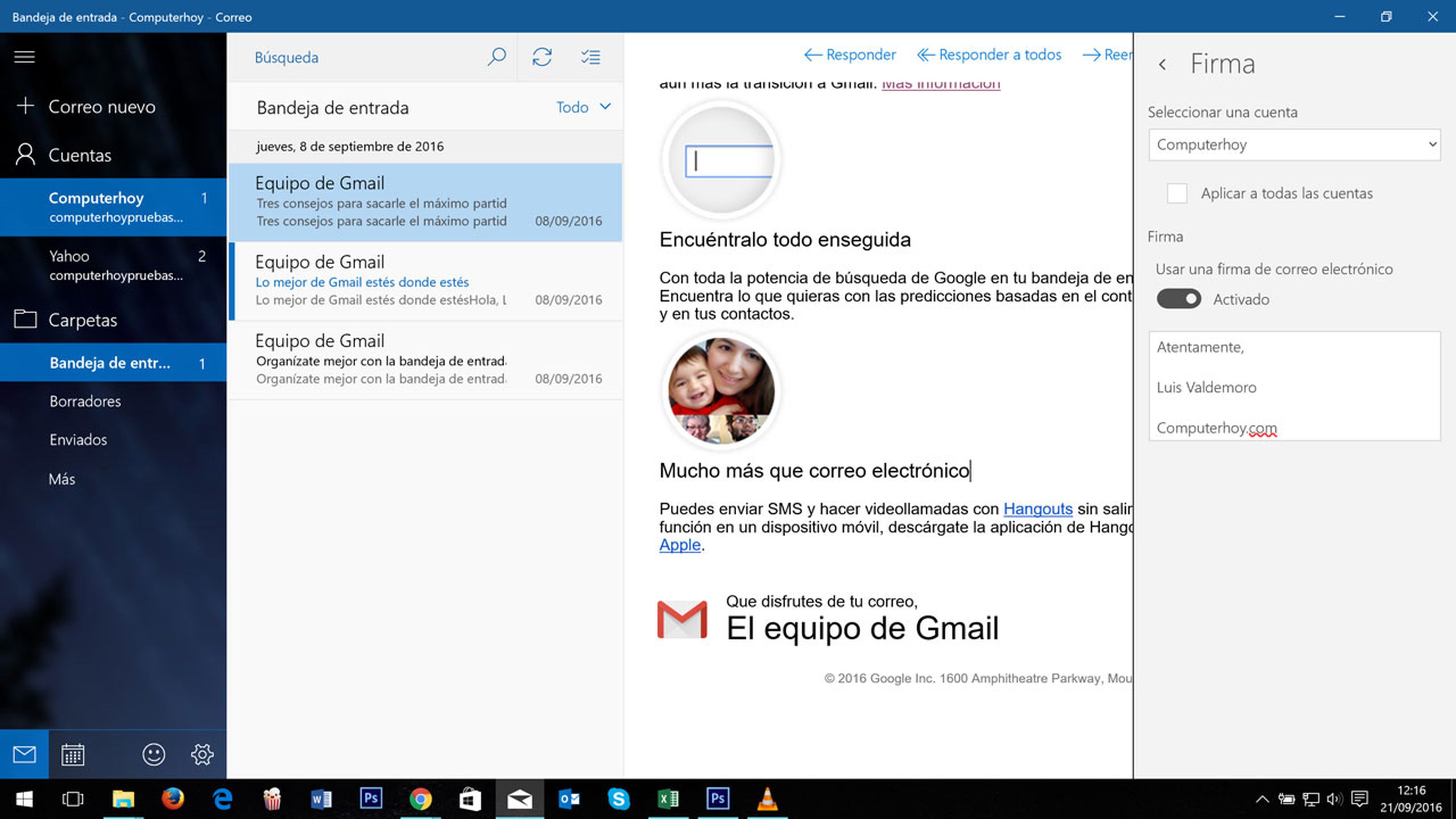 Configuración de firma en la aplicación de correo de windows 10