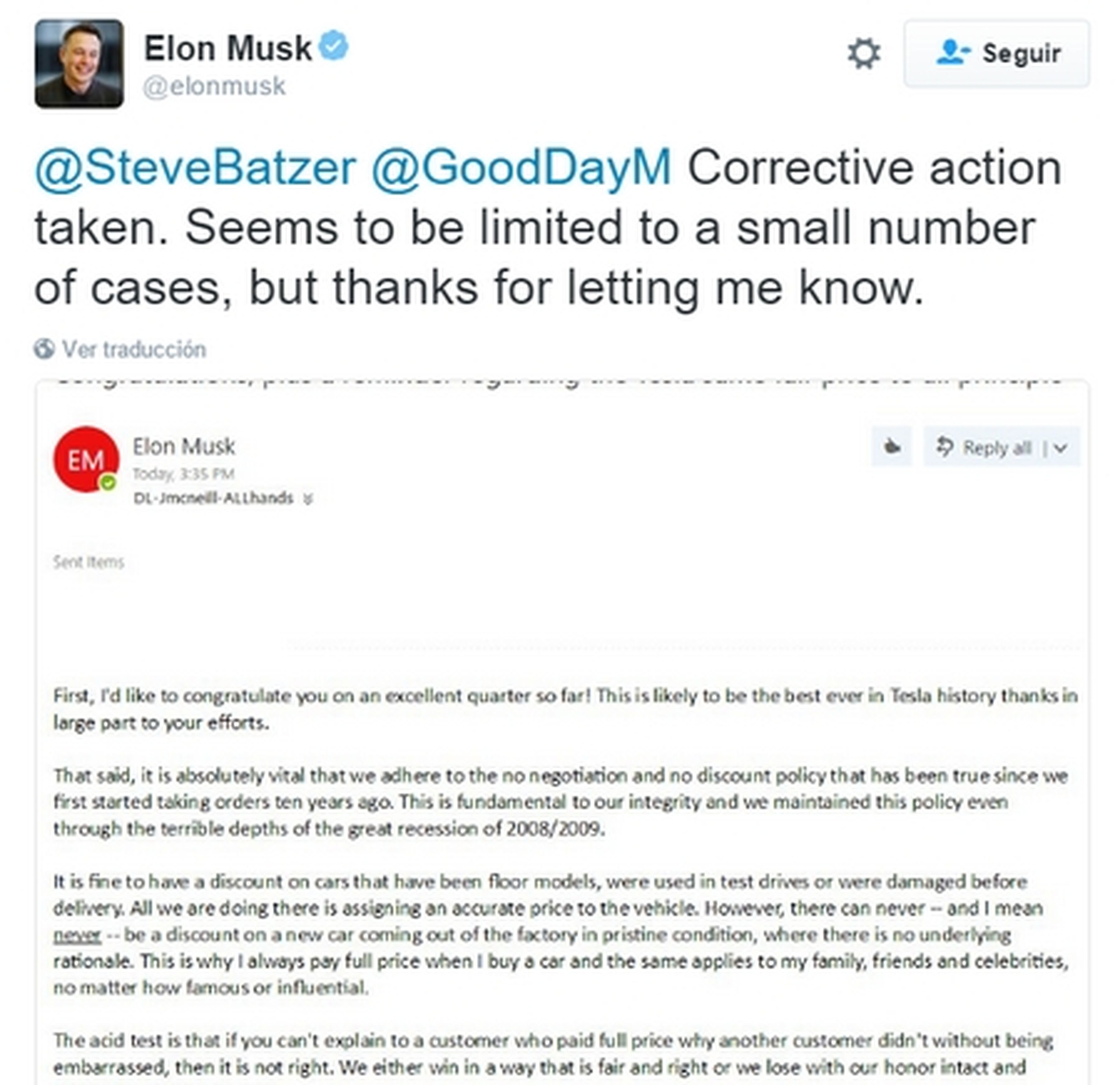 Elon Musk prohíbe los descuentos en los coches Tesla, incluso para él