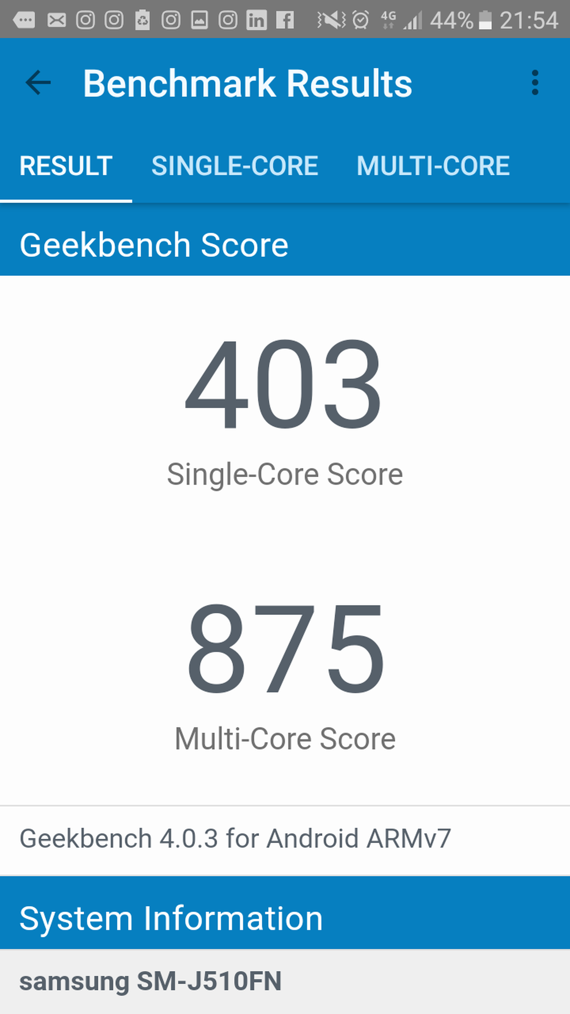 Resultados Multi Core y Single Core Geekbench 4