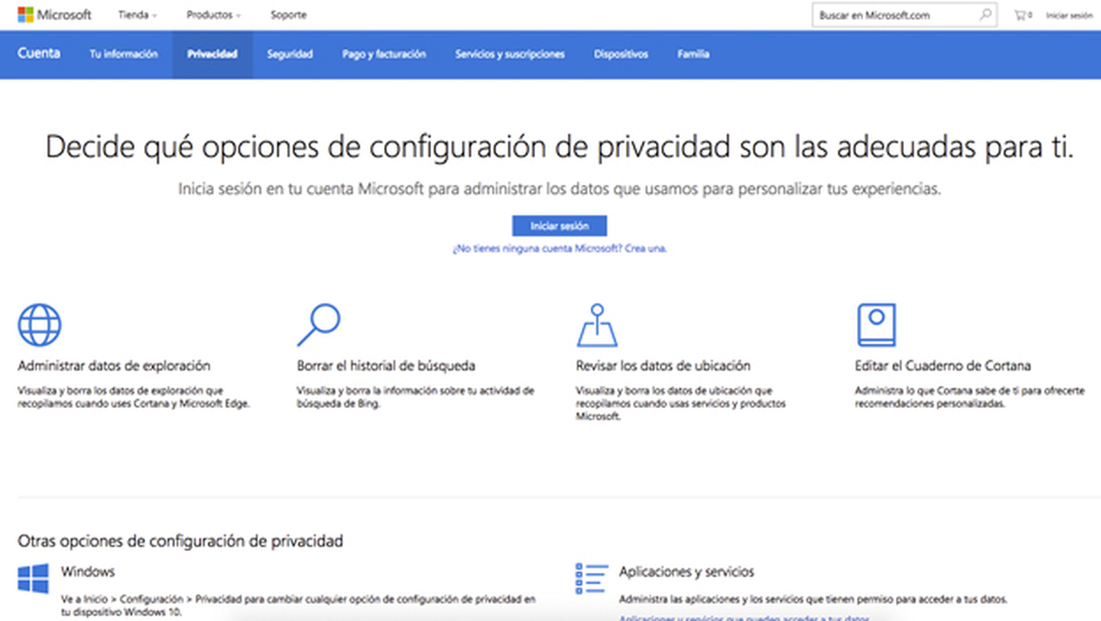 La página con los ajustes de privacidad de Microsoft