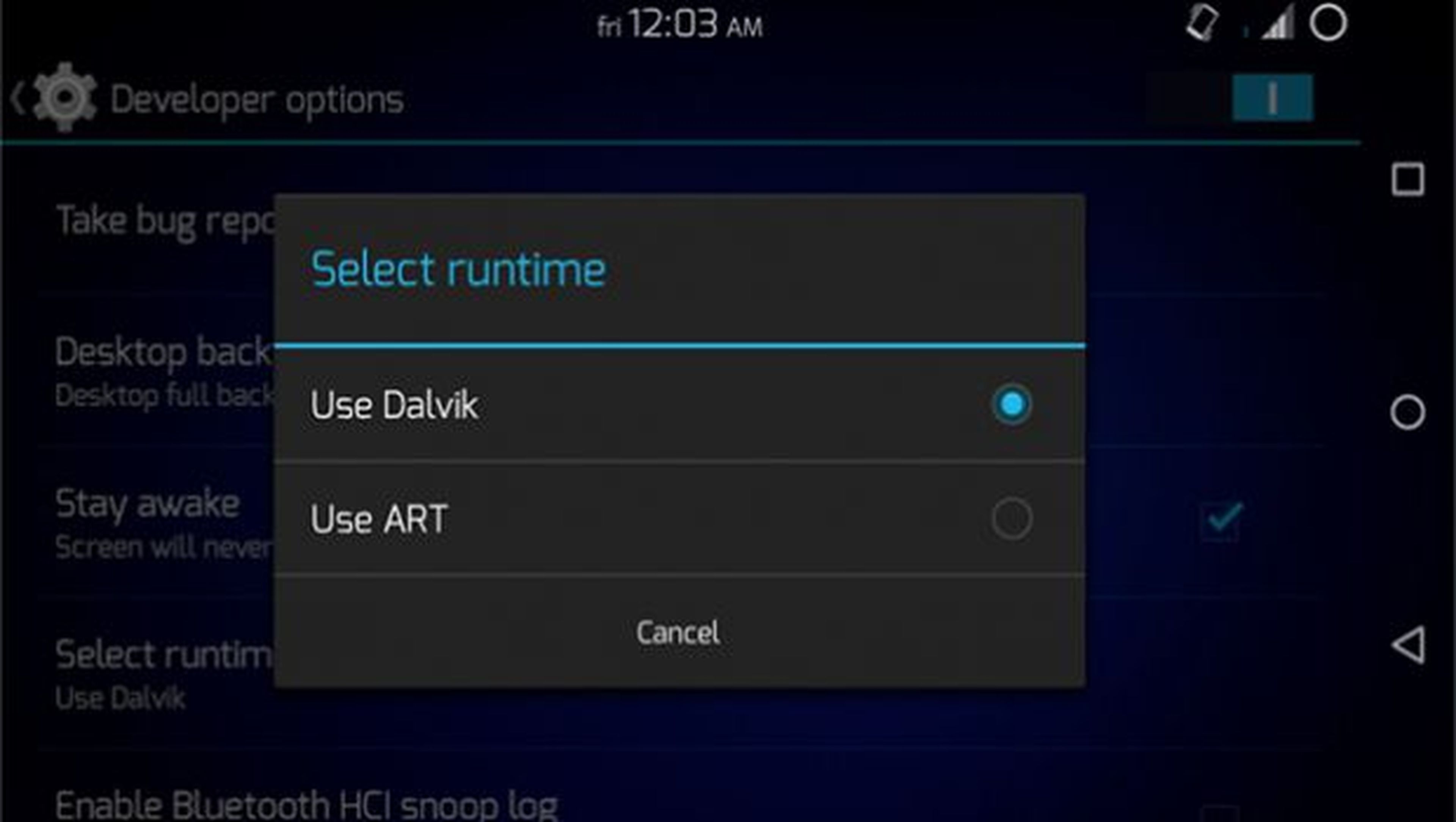 Máquina virtual de Java en Android llamada Dalvik o ART