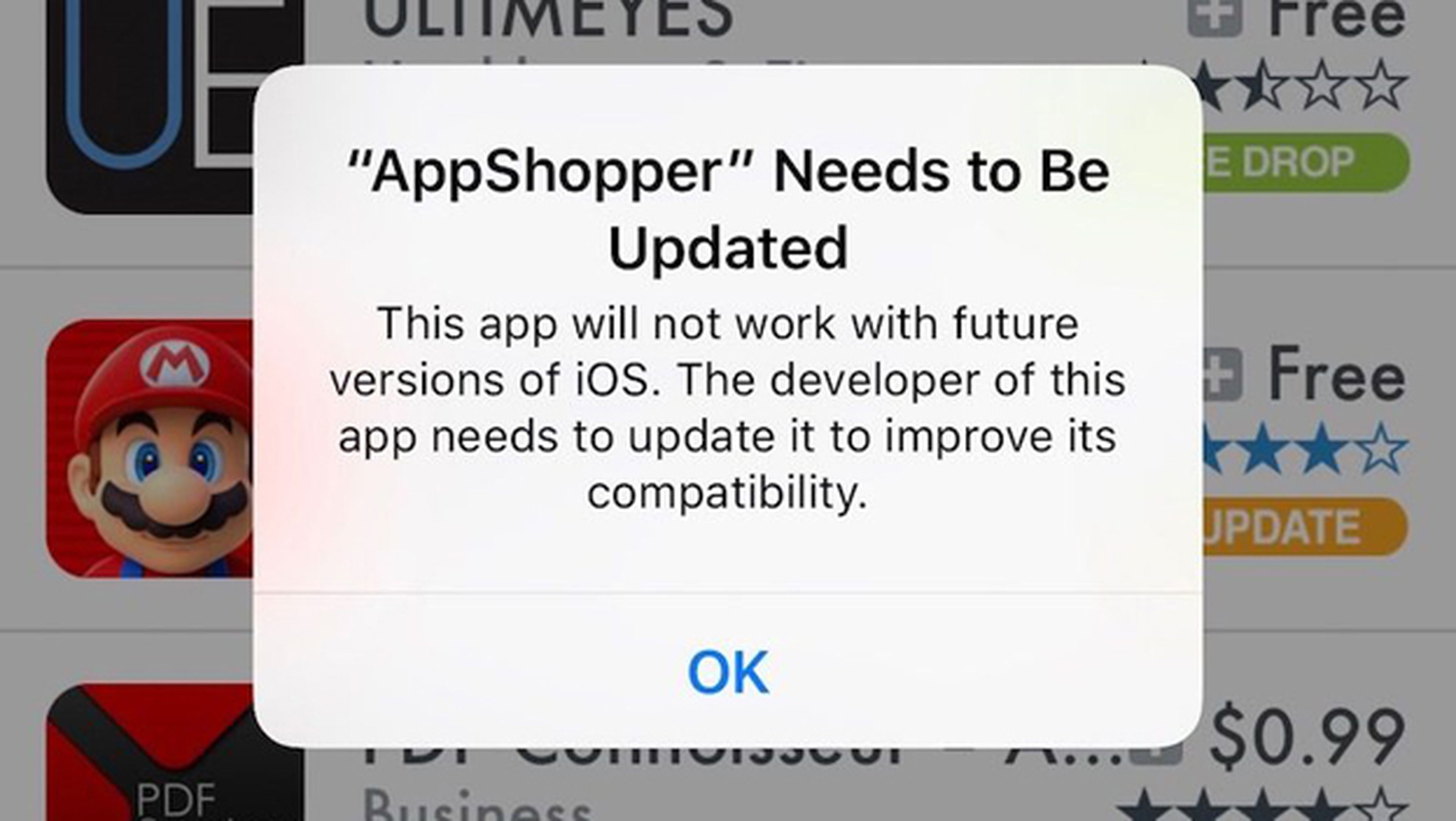 Un ejemplo del aviso que están mostrando las apps que dejarán de funcionar en futuras versiones de iOS