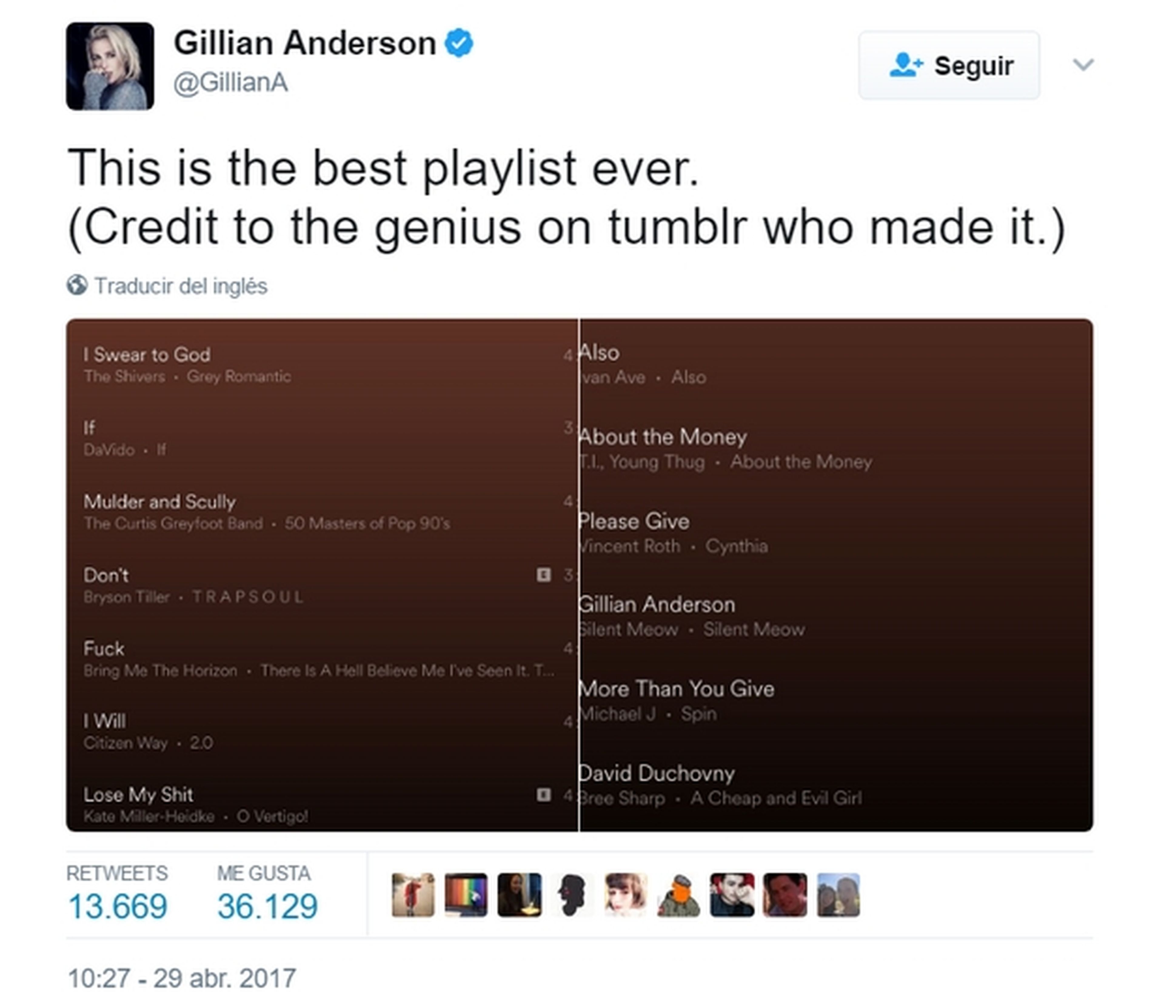 Gillian Anderson comparte playlist de Expediente X con mensaje secreto