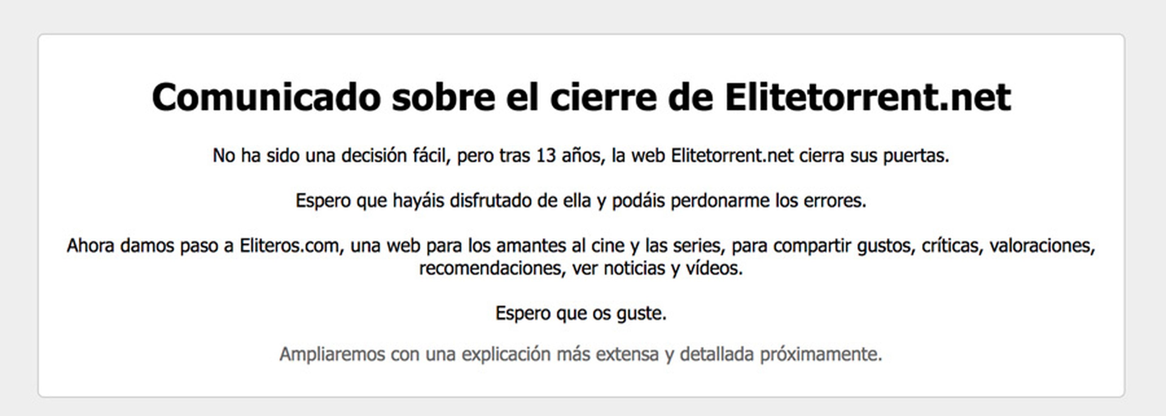 EliteTorrent cierra y su creador anuncia nueva web