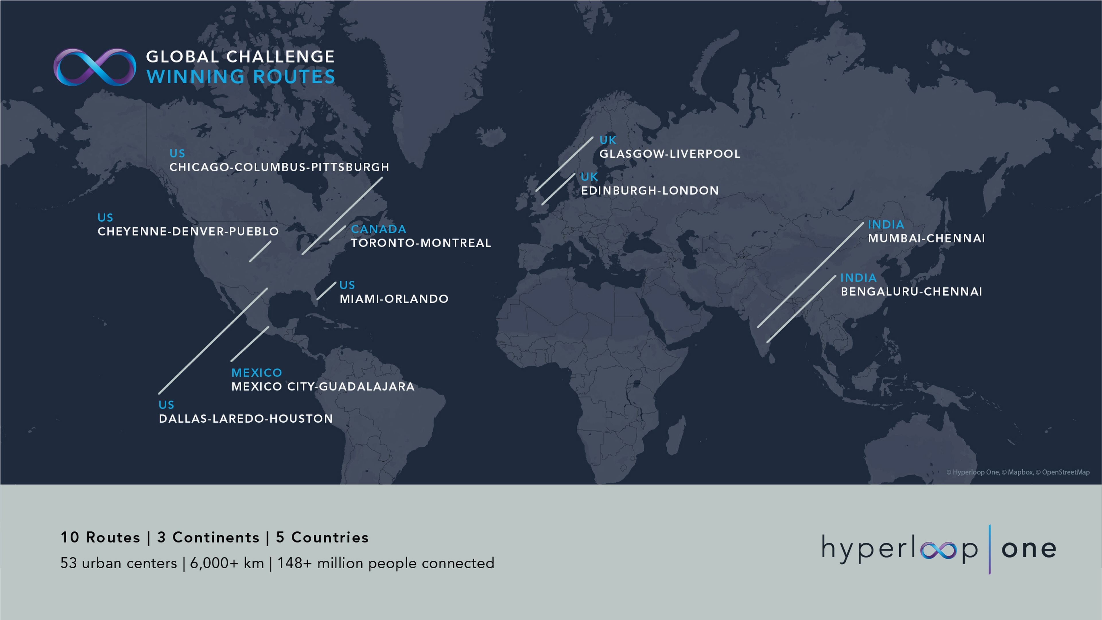 Estas son las 10 primeras rutas propuestas para el Hyperloop