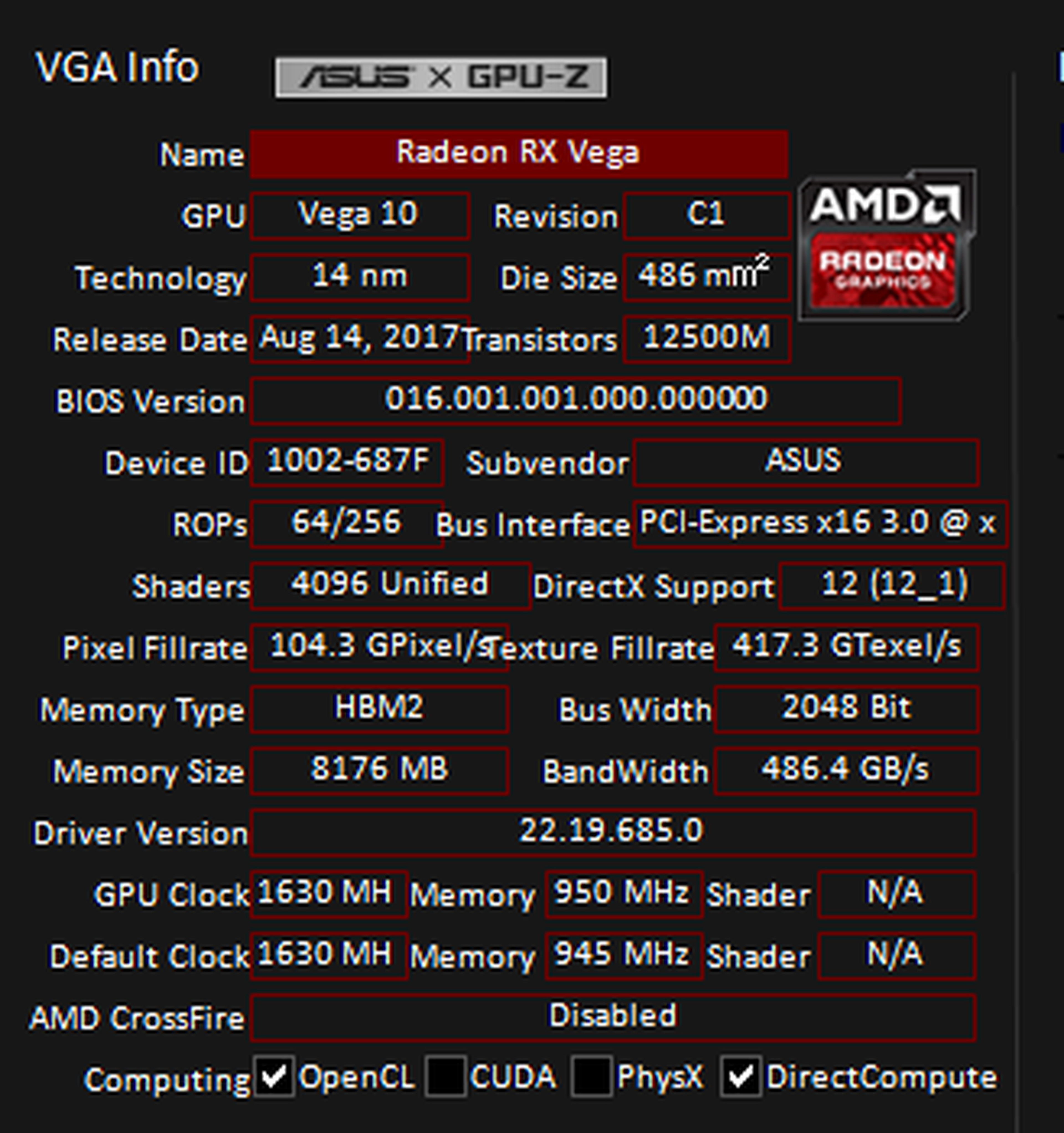 especificaciones técnicas ASUS RX Vega 64