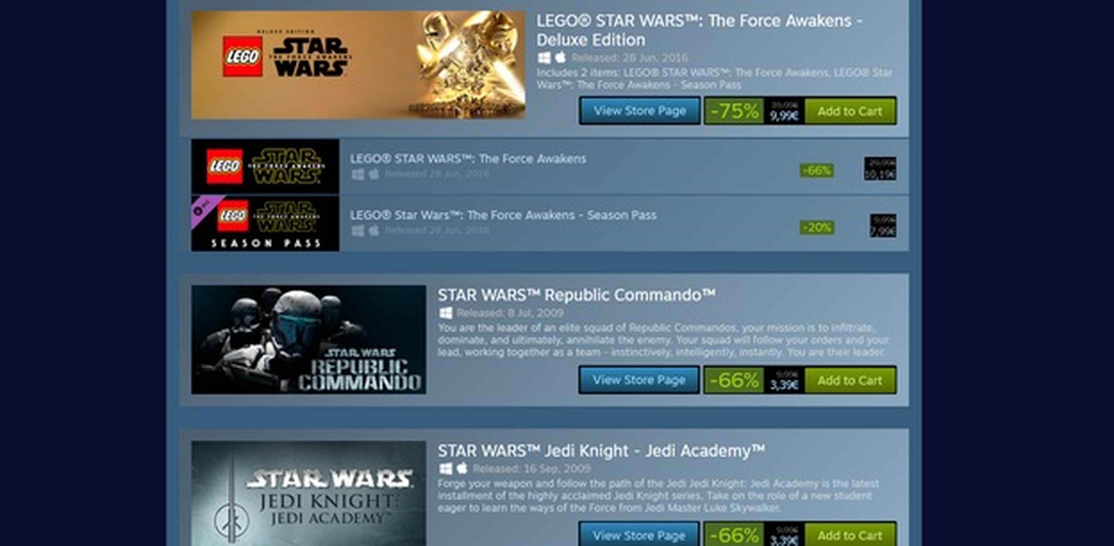 Descuentos masivos en juegos de Star Wars en Steam por el Star Wars Day