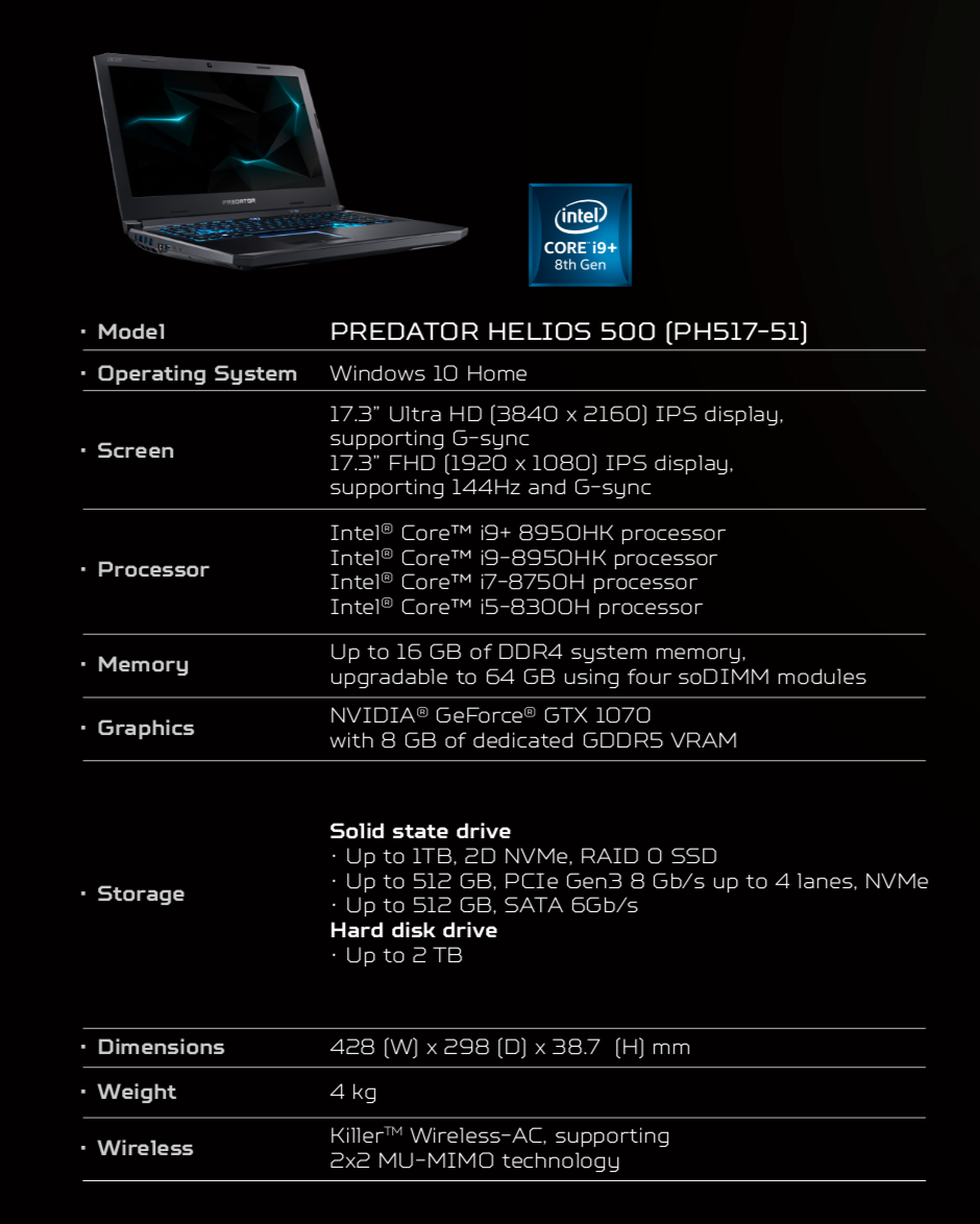 Acer Predator Helios 500 características