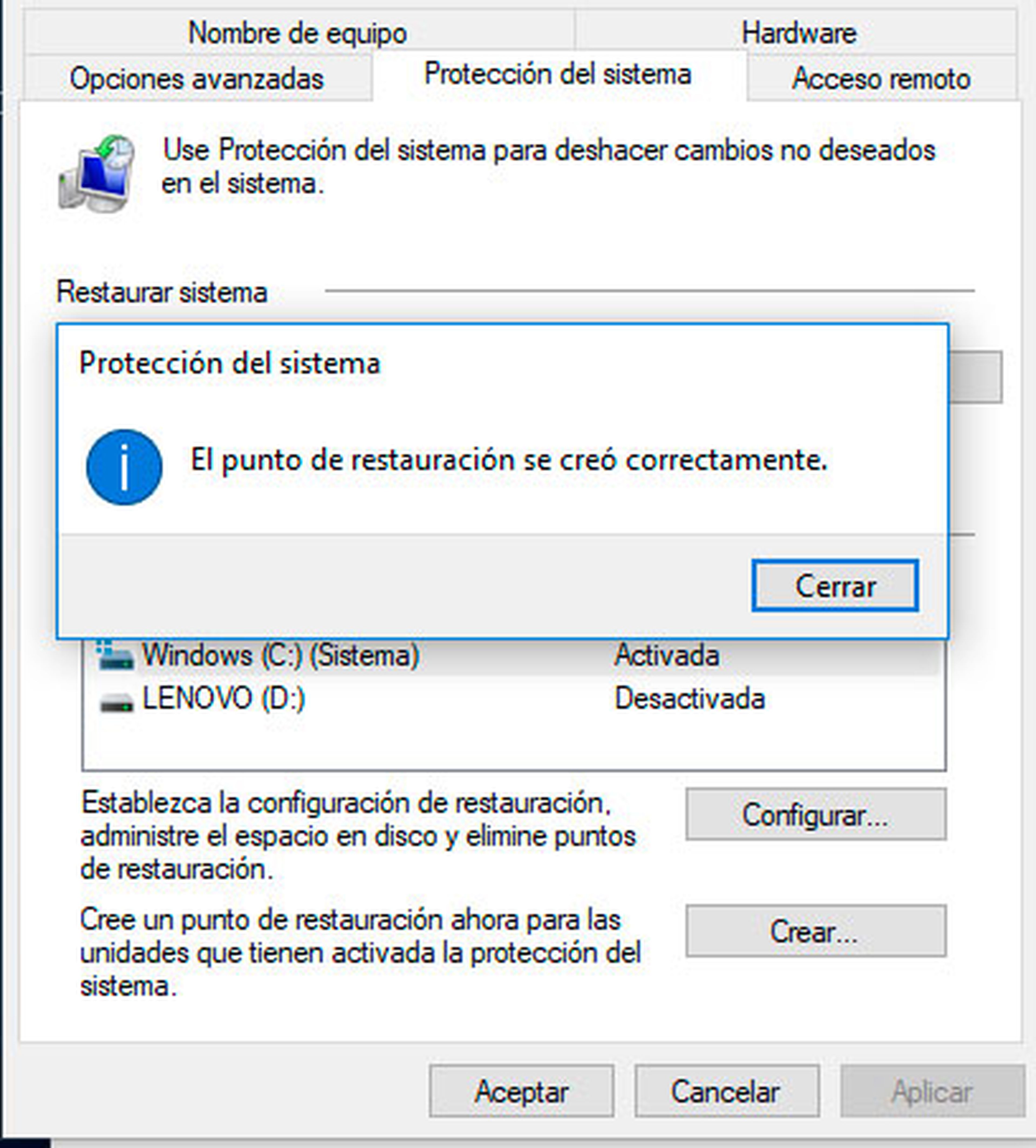 Punto de restauración Windows 10