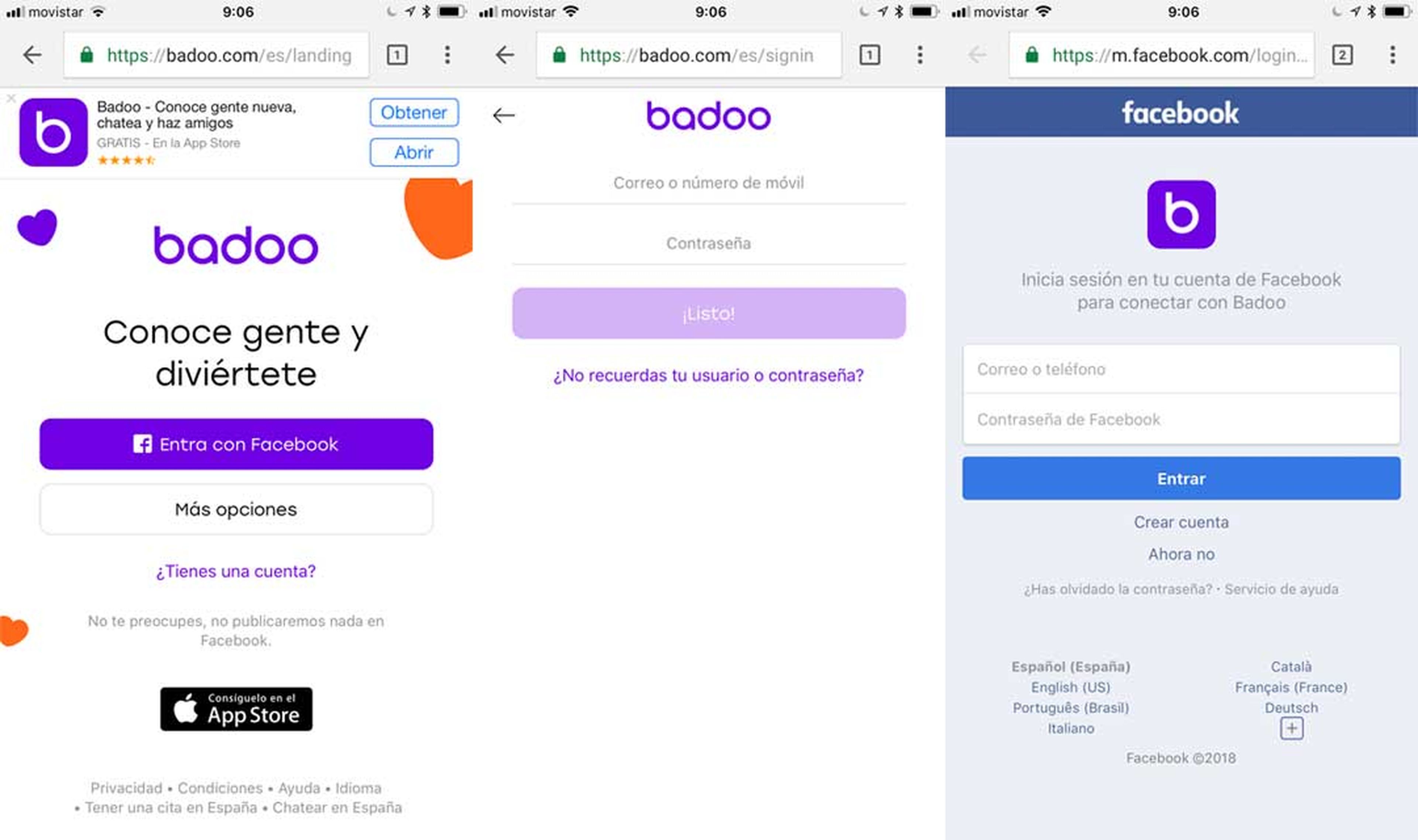La versión móvil de Badoo desde el navegador