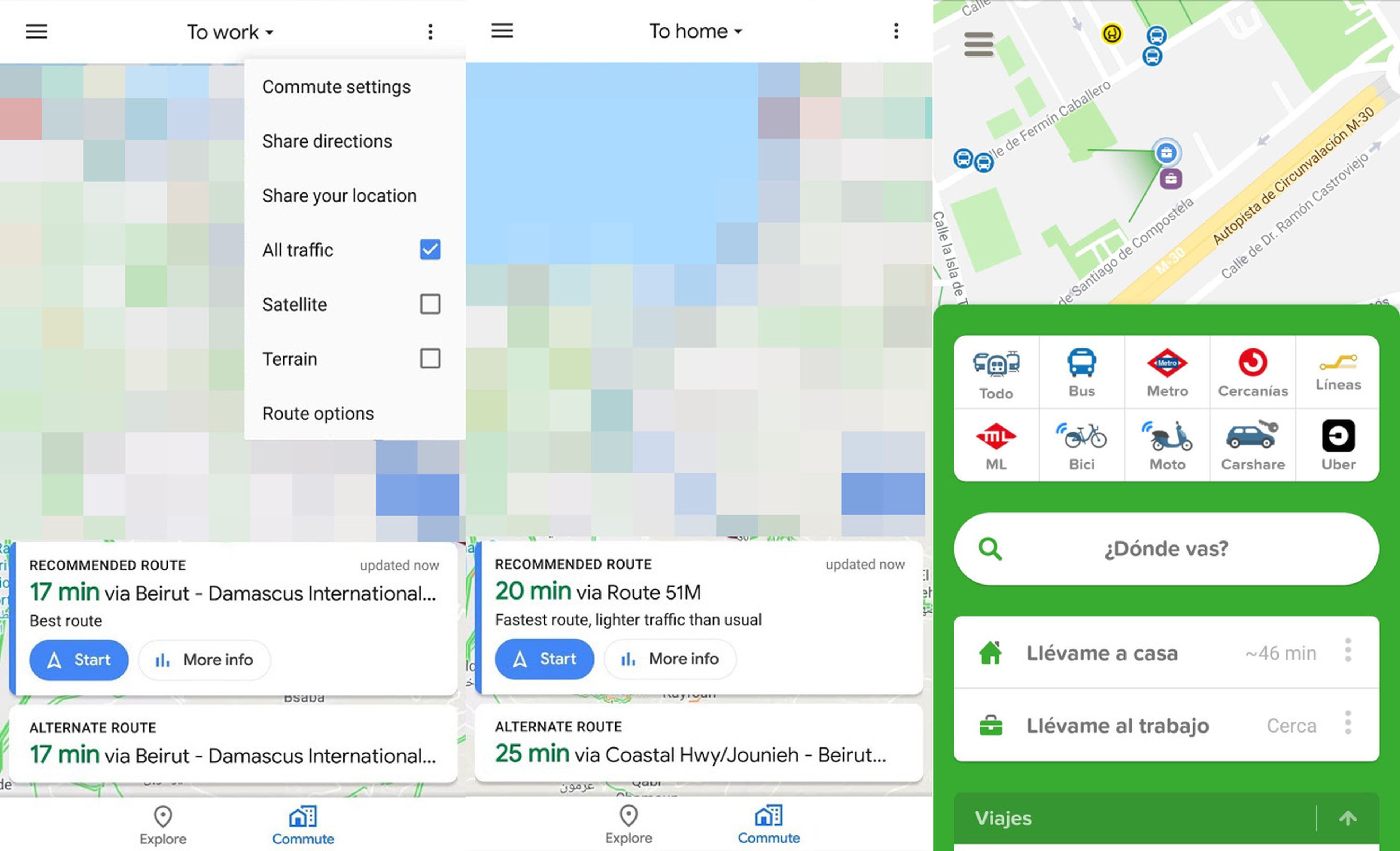 Izquierda: nueva pestaña de Maps (Imagen: AndroidPolice) | Derecha: Citymapper