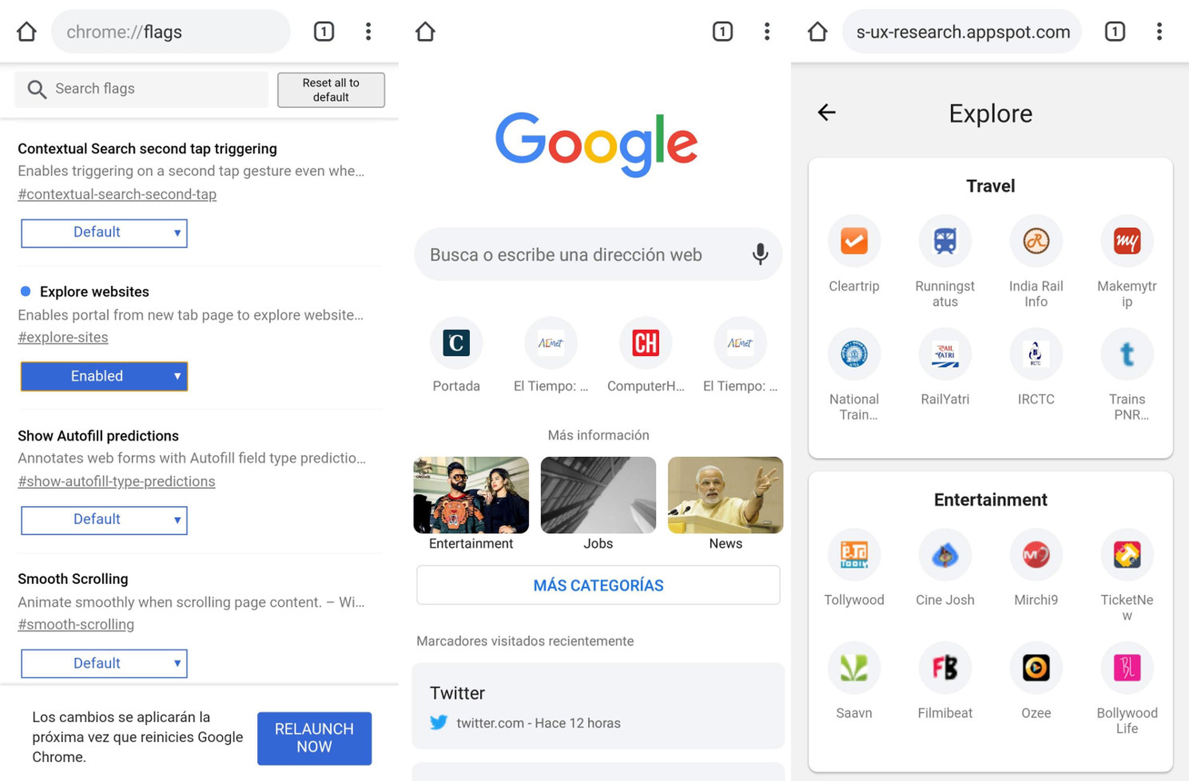 Pestaña Explorar de Chrome en Android