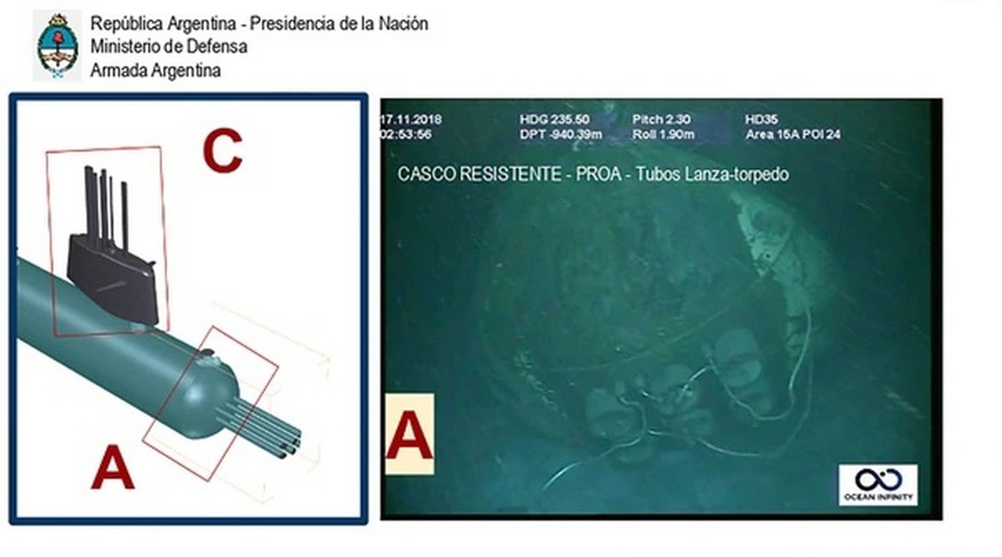 Primeras imágenes del submarino argentino ARA San Juan hundido en el mar