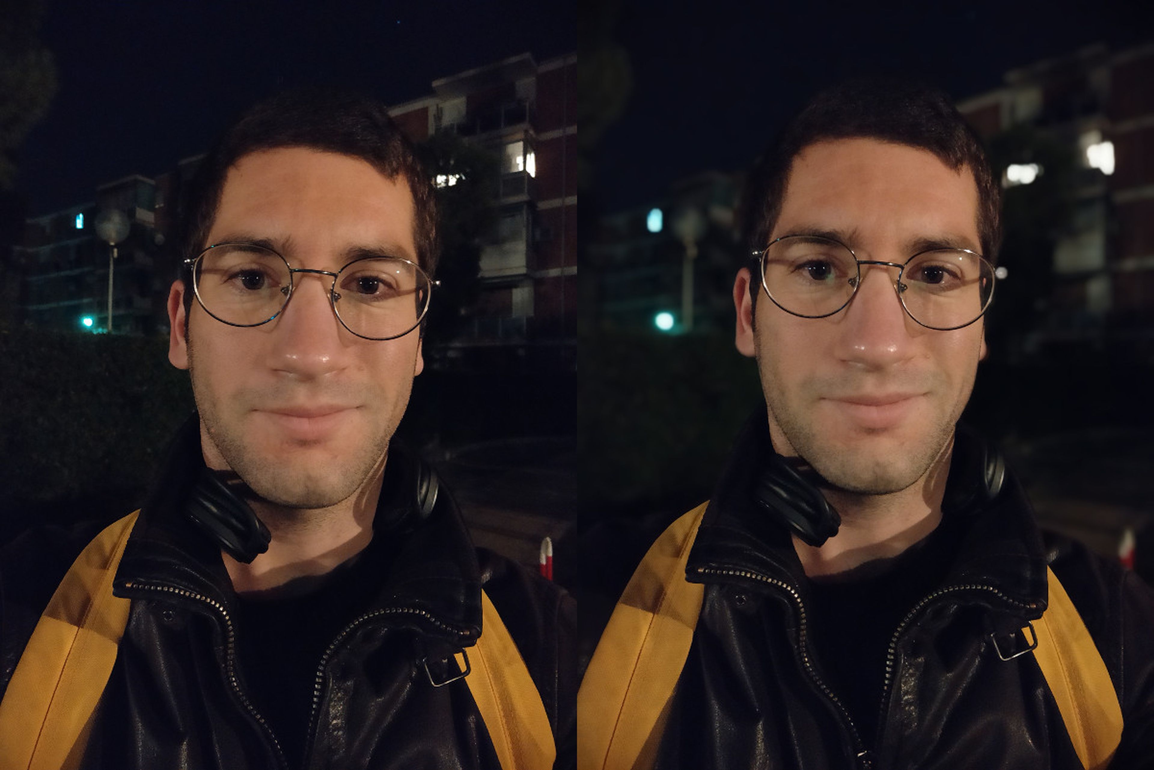 Izquierda: selfie nocturno sin retrato | Derecha: selfie nocturno con retrato