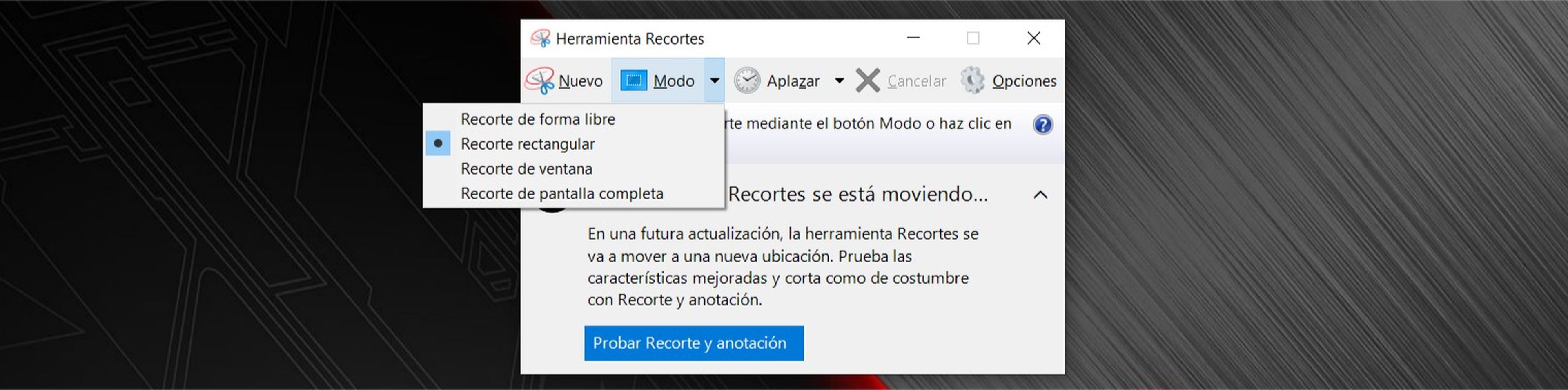 Recortar pantalla Windows 10