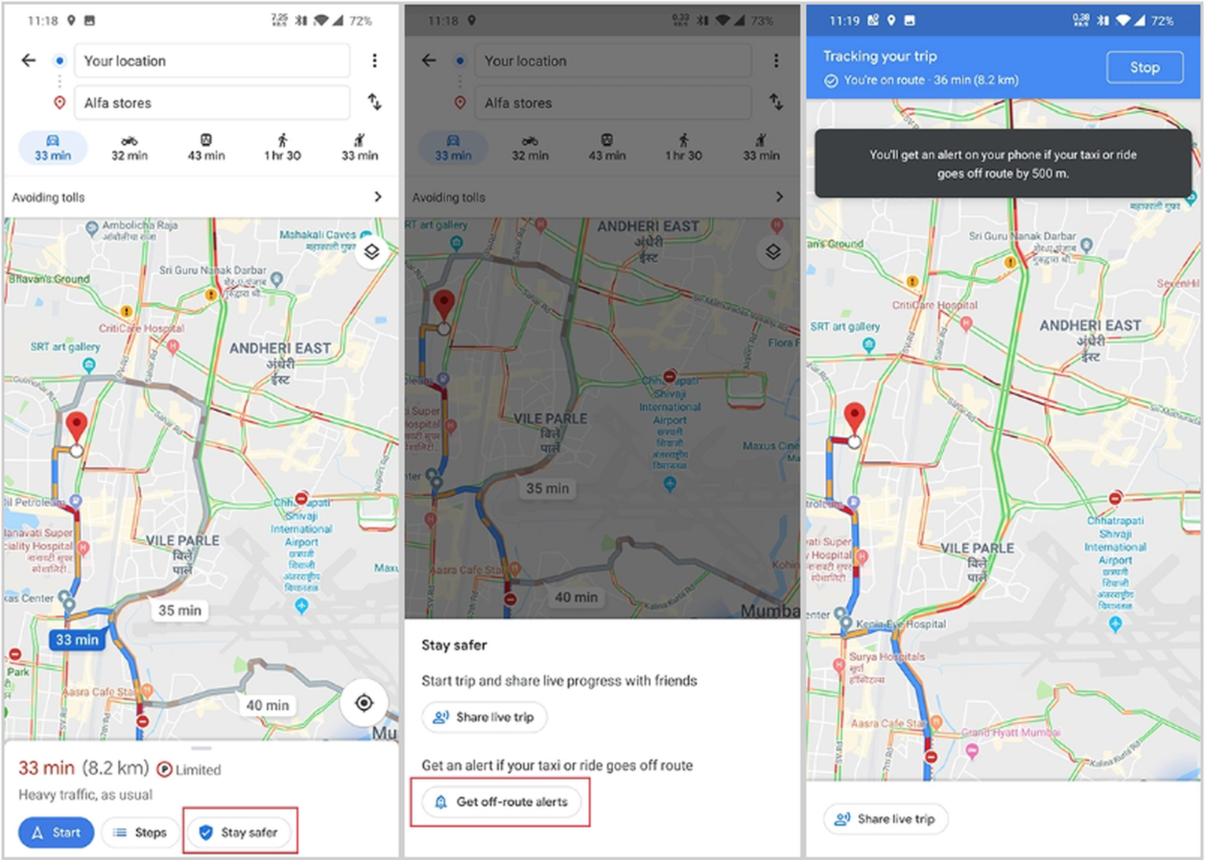 Google Maps te avisa si el taxi se desvía de su ruta