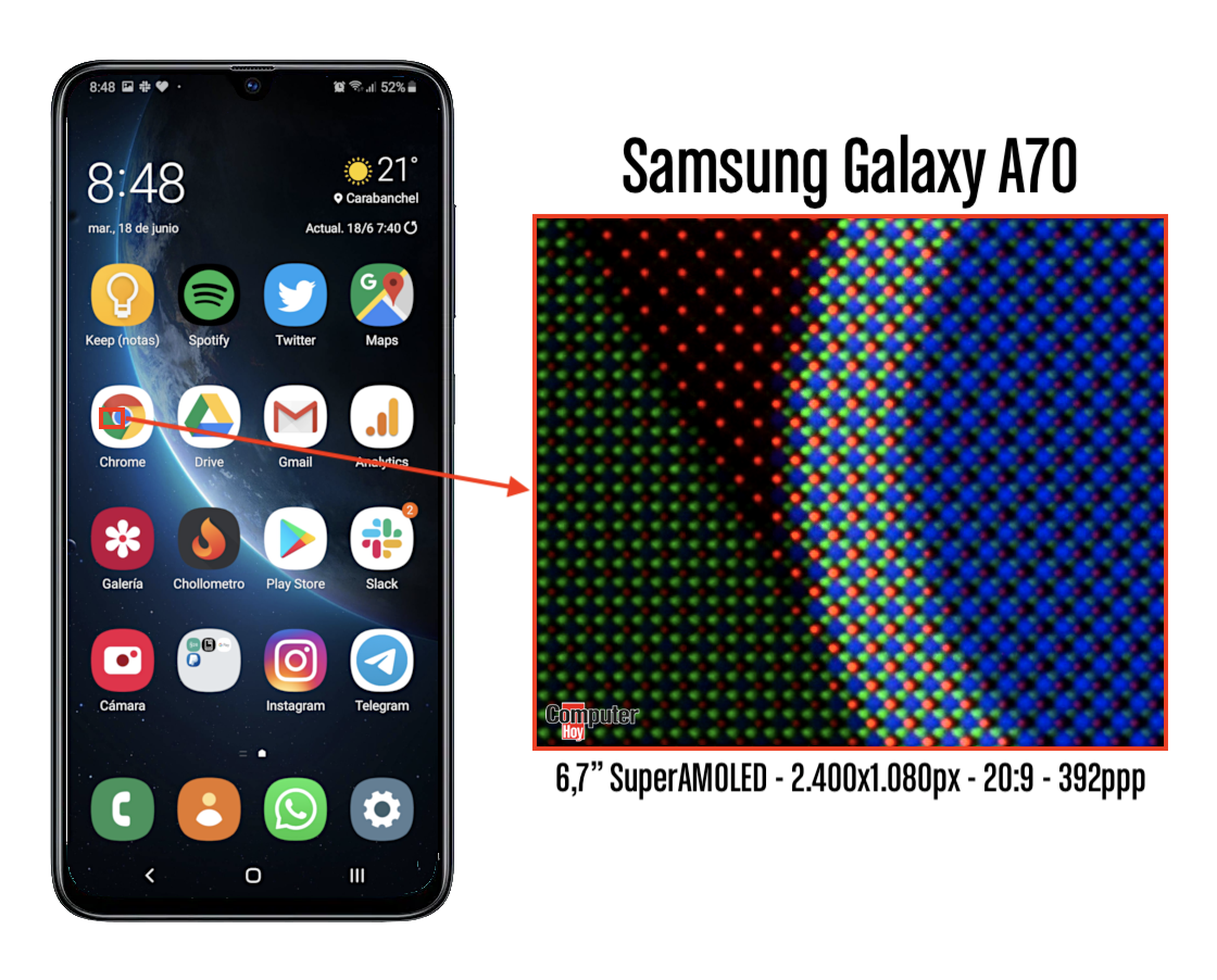 Así es la pantalla del Samsung Galaxy A70 al detalle.