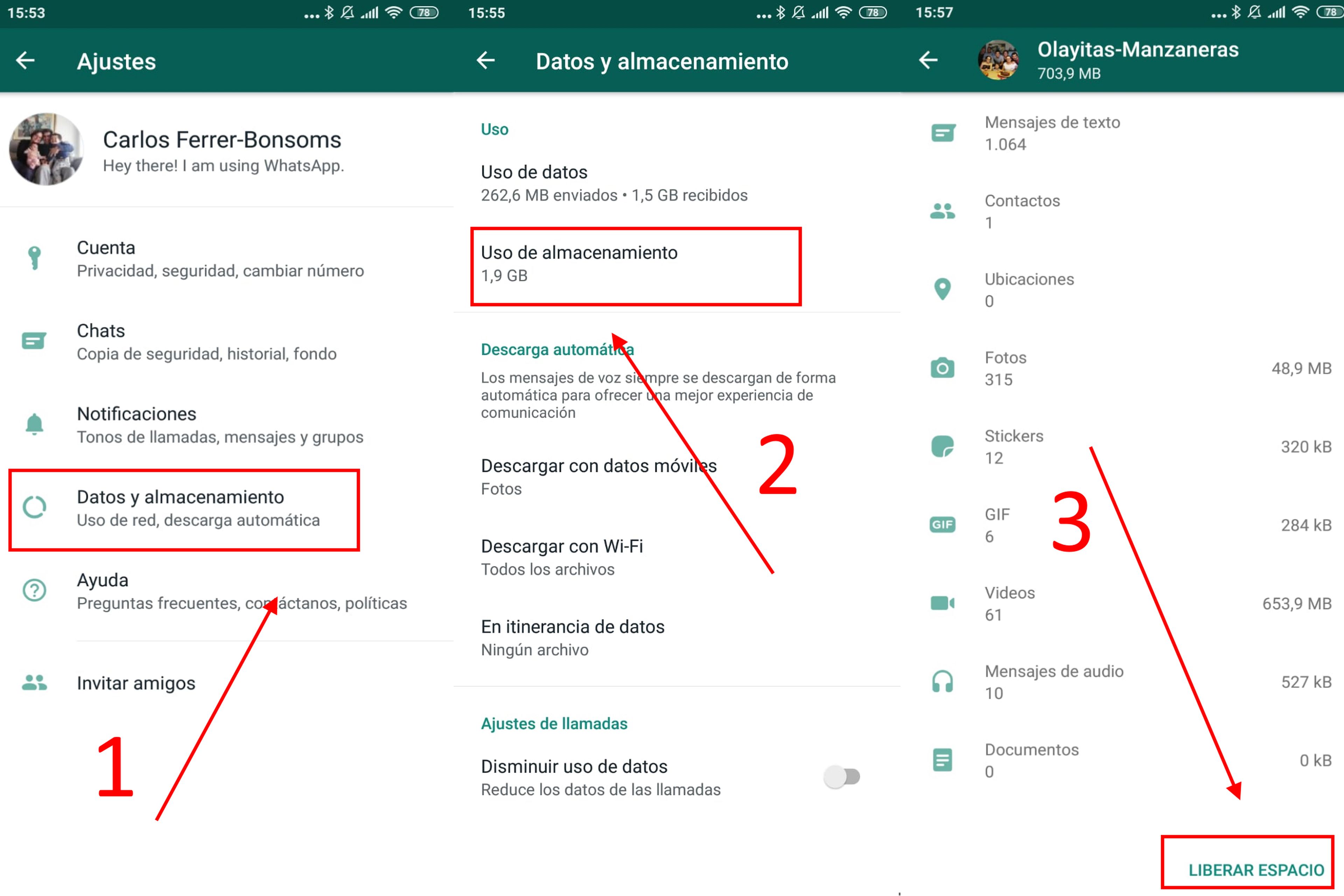 Cómo ahorrar espacio de WhatsApp en Android limpiando el contenido.