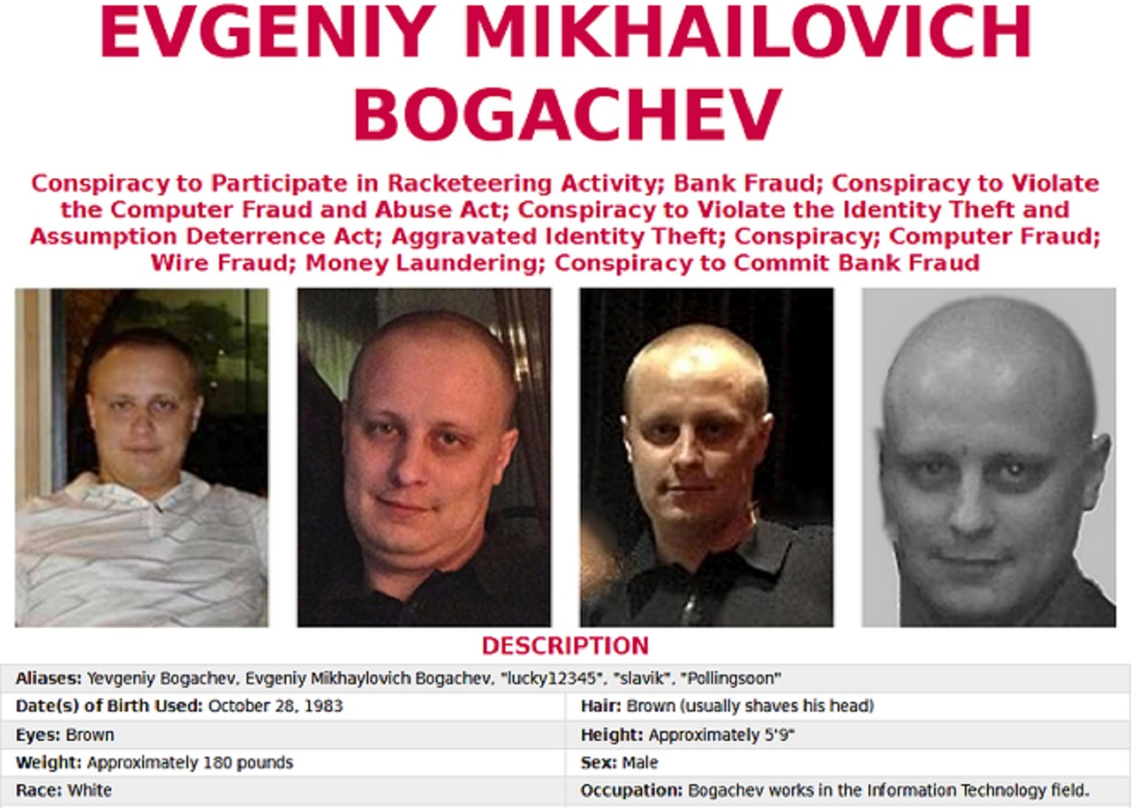 Evgeniy Mikhailovich Bogachev, el FBI ofrece una recompensa de hasta tres millones de dólares desde el año pasado.