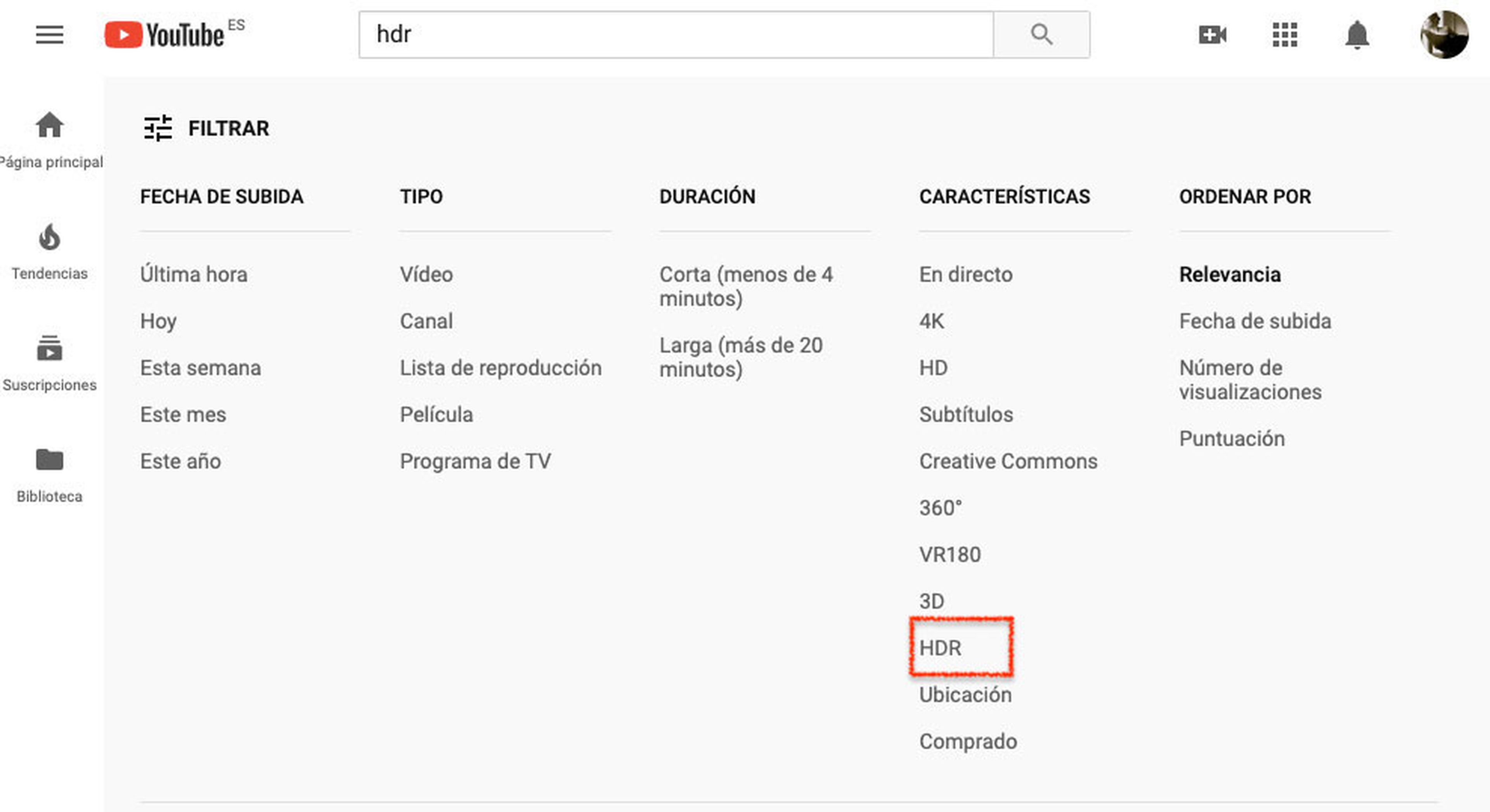 Buscar contenidos en HDR en YouTube