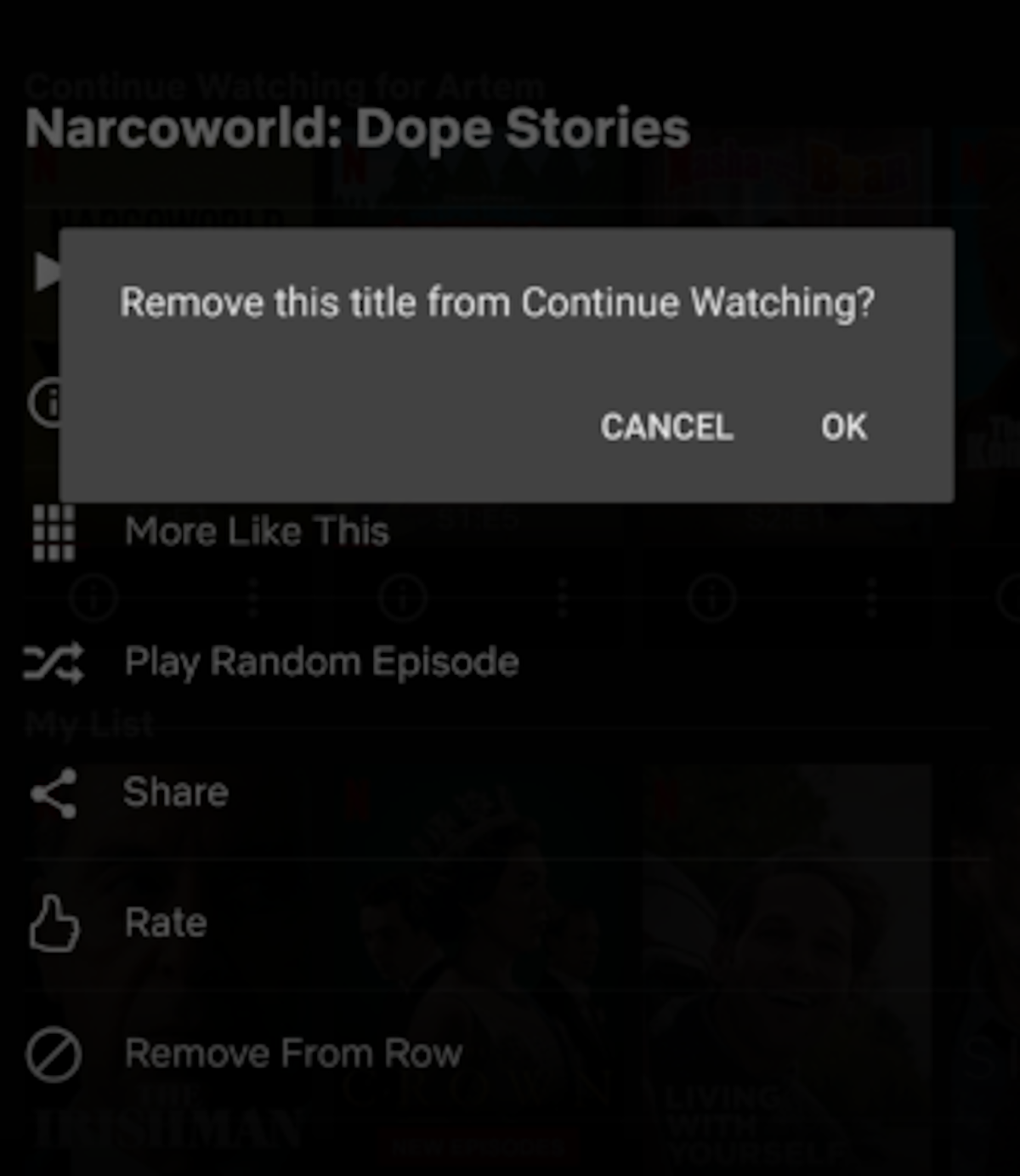 Opción eliminar de seguir viendo en Netflix